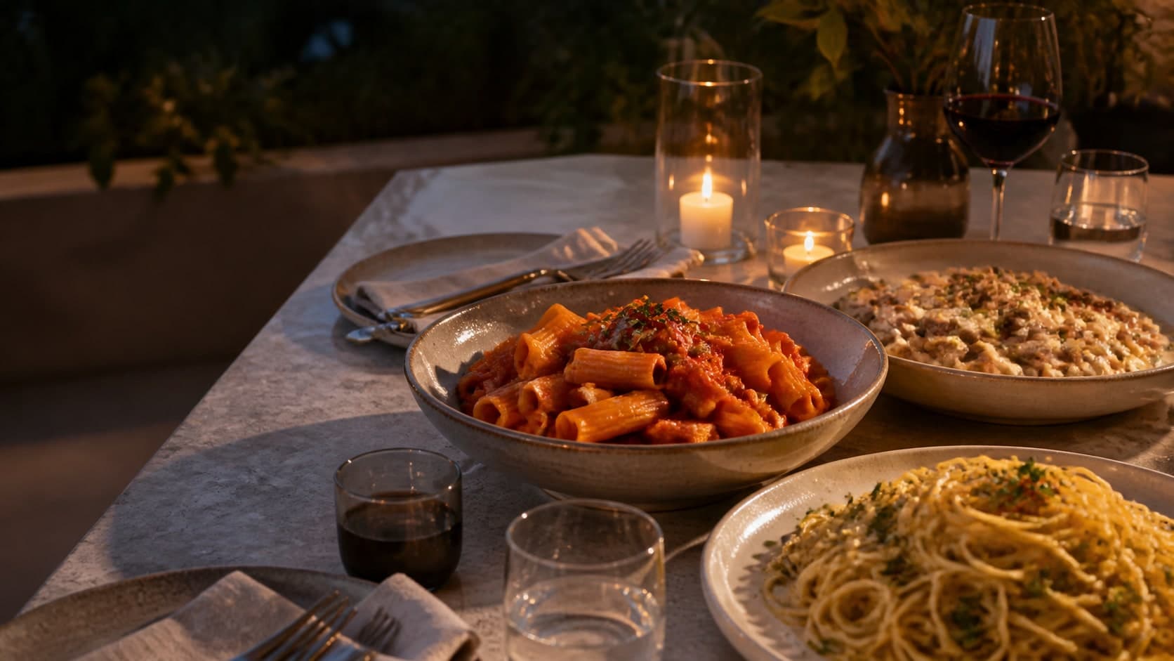 A shared table of pasta dishes in warm evening light