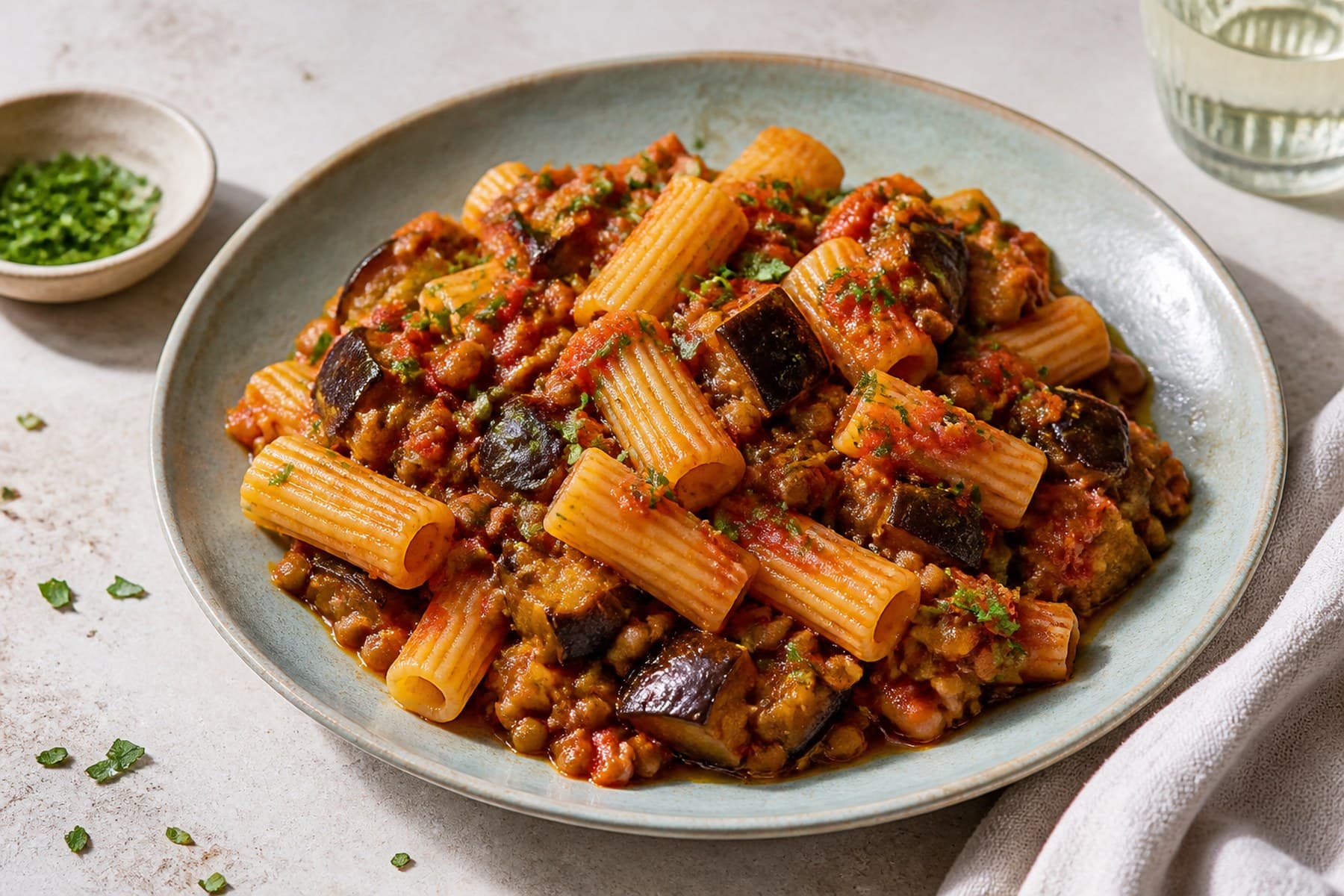 Rigatoni with chunky aubergine brown lentil tomato ragu and parsley