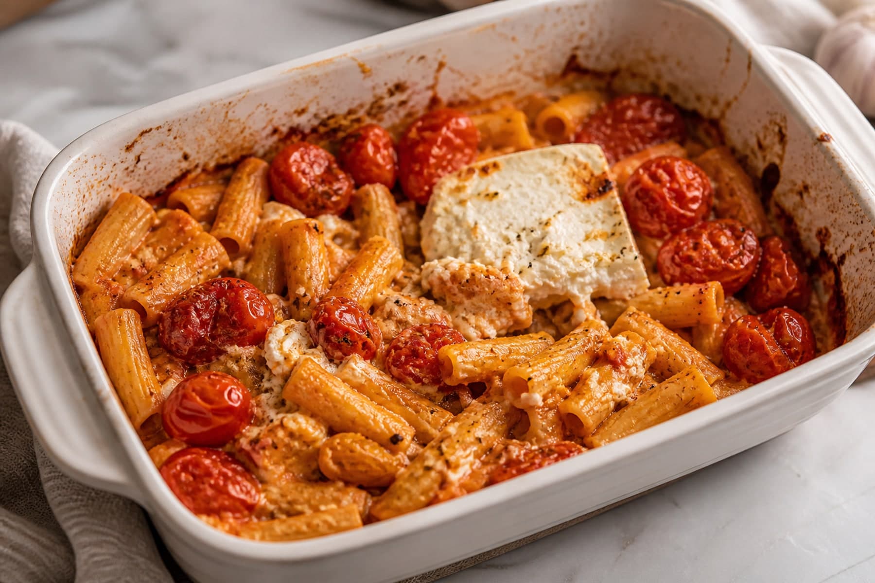 Baked feta and burst cherry tomato pasta with spinach in a white roasting dish