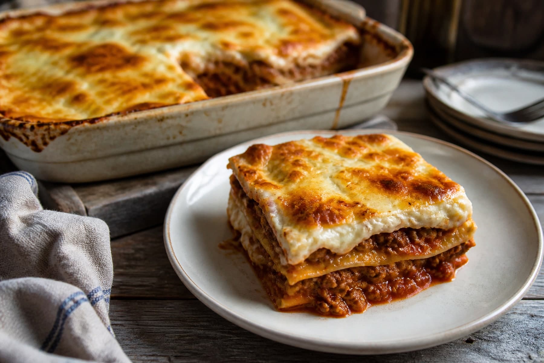 Layered beef lasagne with a browned cheese top in a pale stoneware baking dish