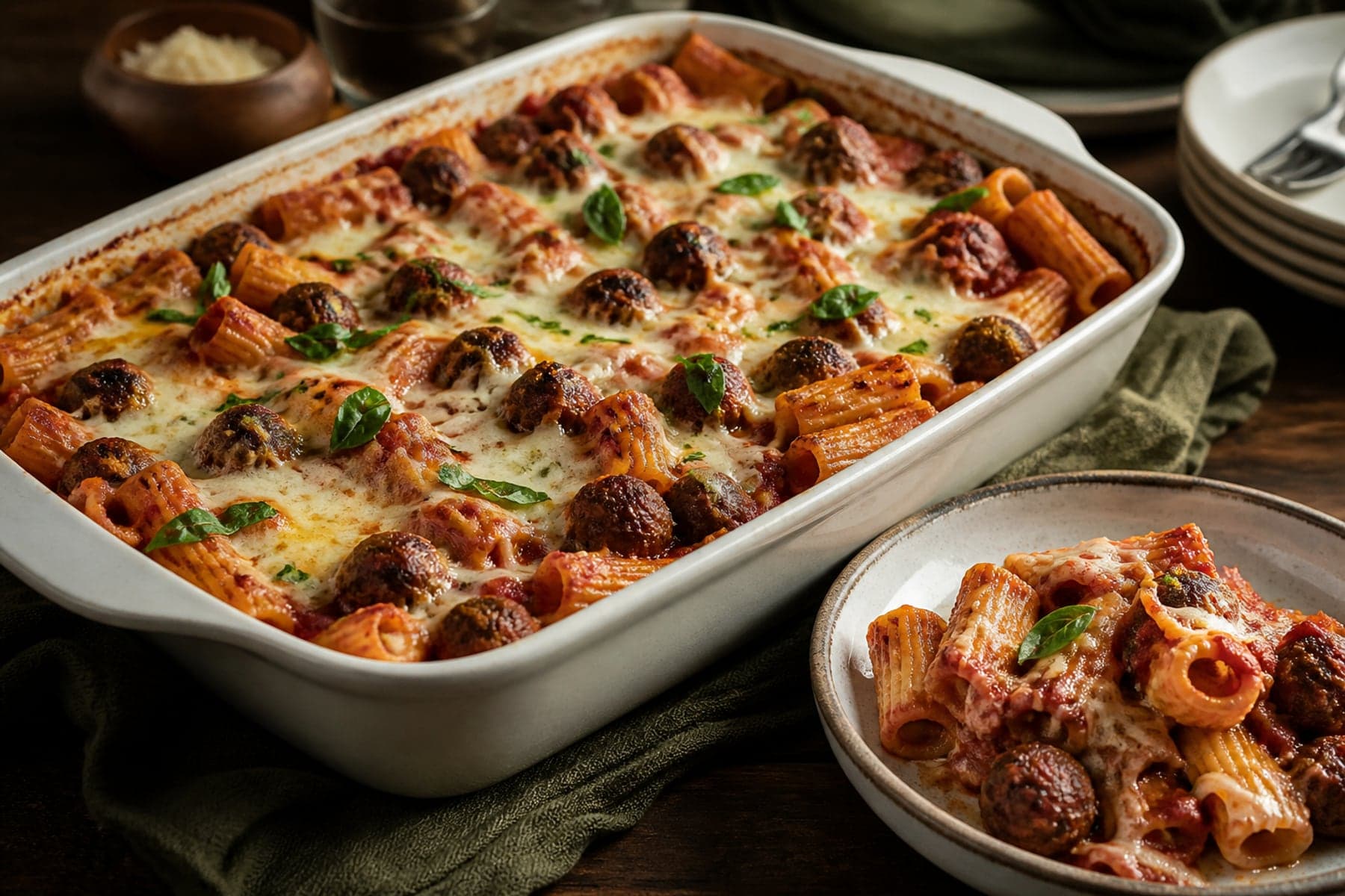 Rigatoni and small beef meatballs baked with tomato sauce mozzarella and basil