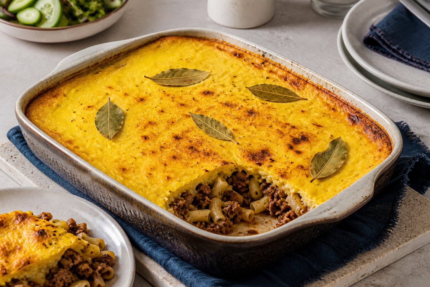 Golden bobotie-inspired mince macaroni bake with turmeric custard top