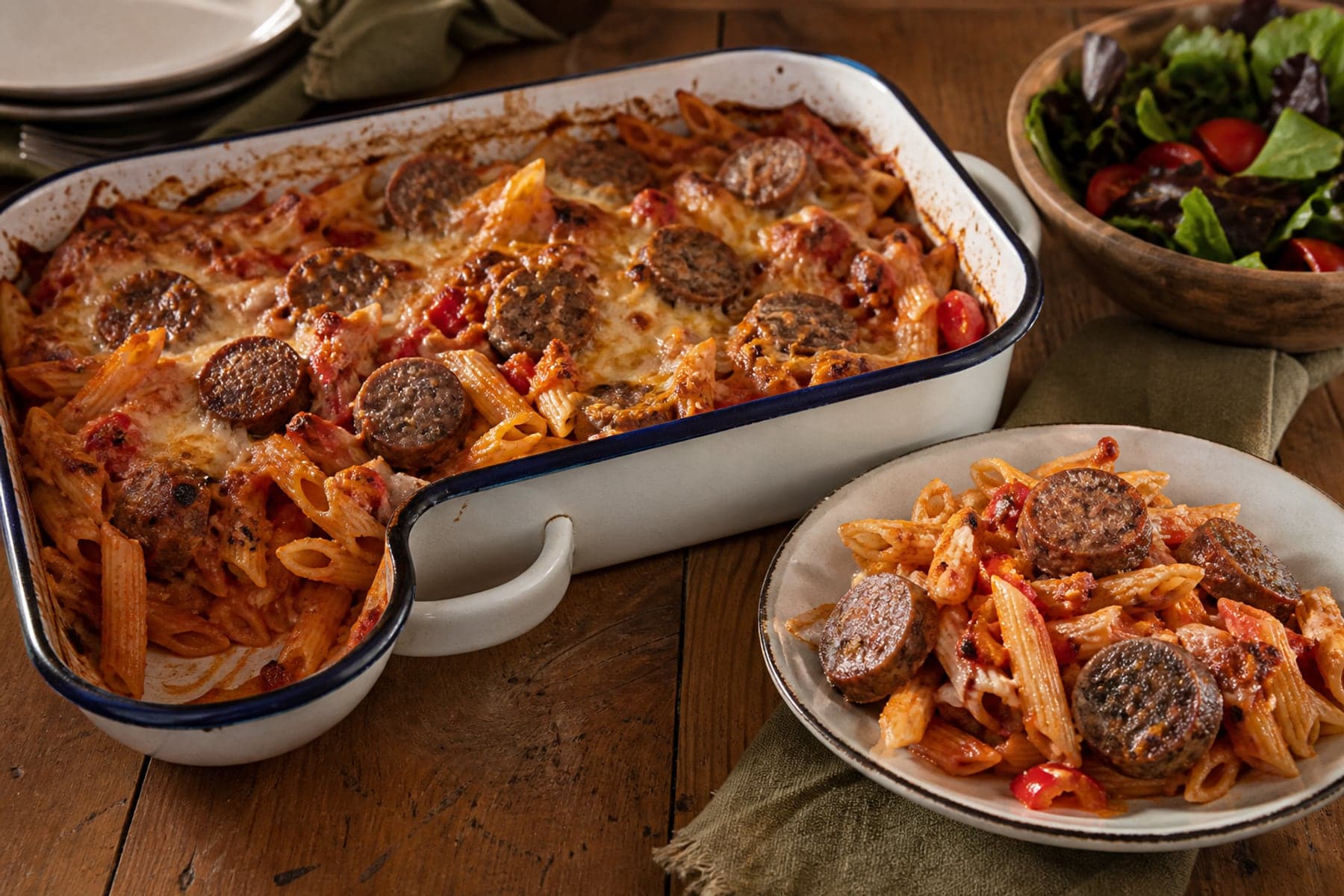 Penne pasta bake with sliced boerewors tomato peppers and golden Cheddar