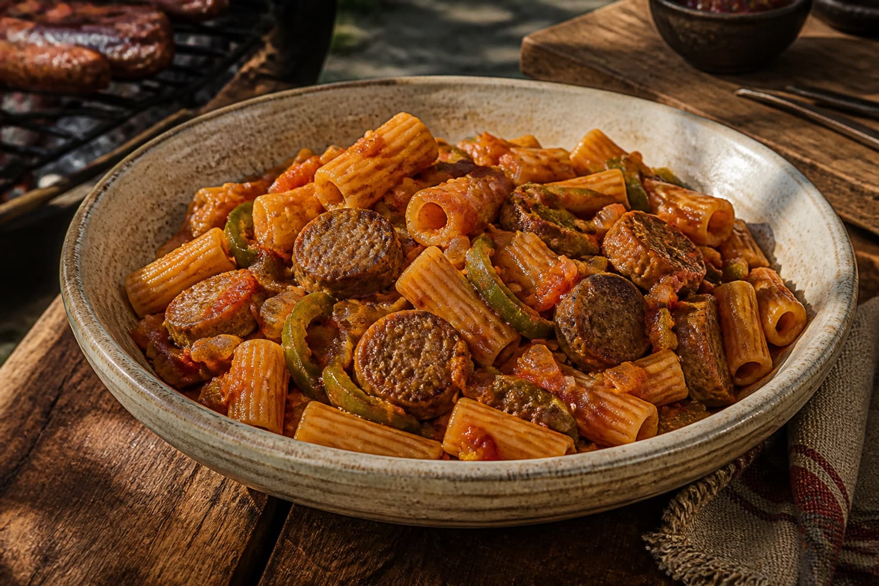 Boerewors tomato rigatoni with red peppers in a rustic enamel bowl