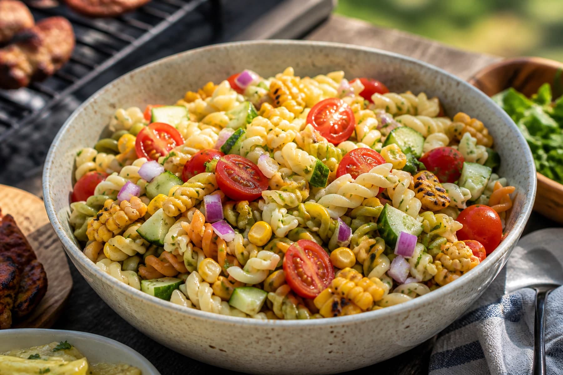 Colourful braai fusilli pasta salad with charred peppers sweetcorn and herbs outdoors