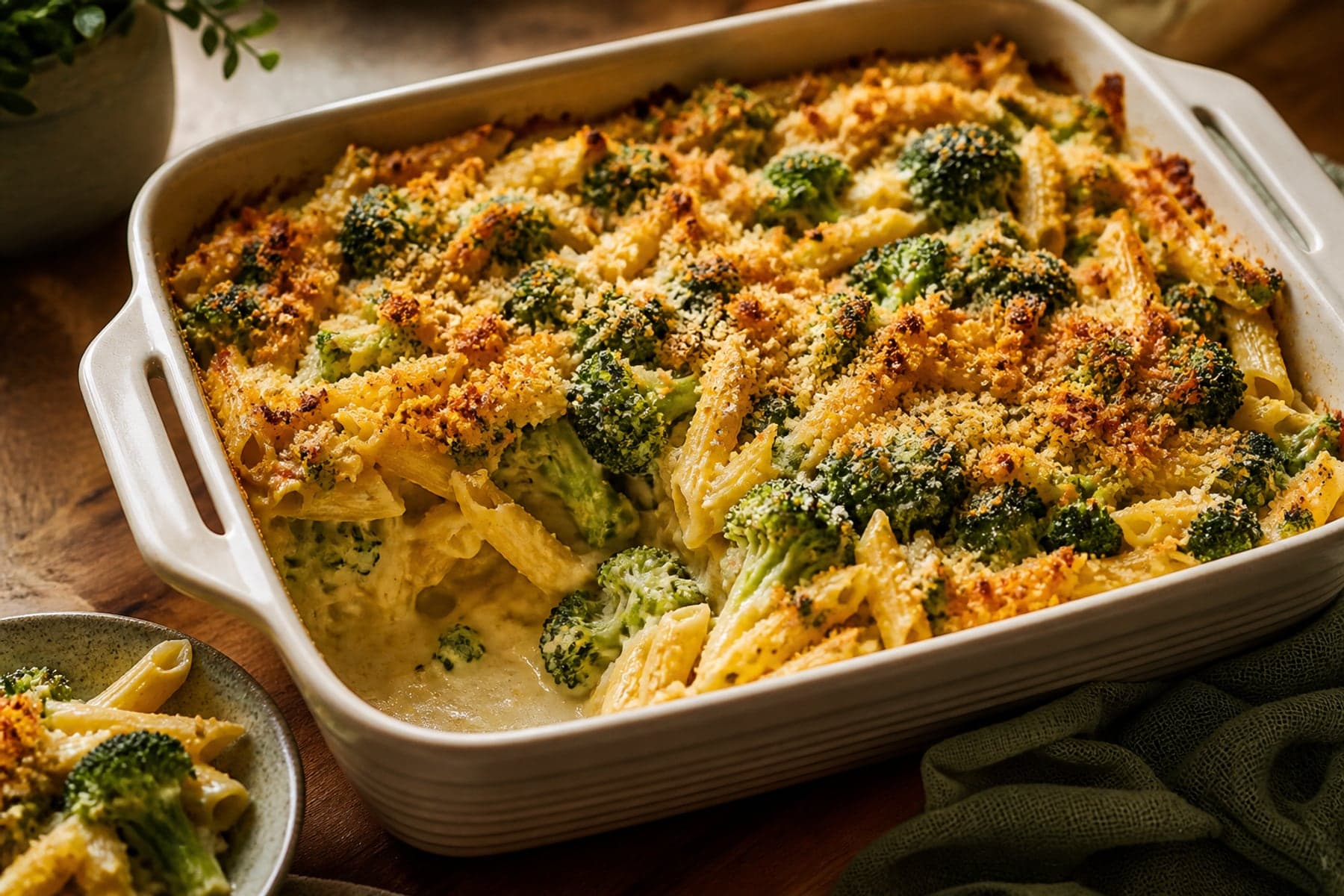 Golden penne pasta bake with broccoli mature Cheddar sauce and mustard crumbs