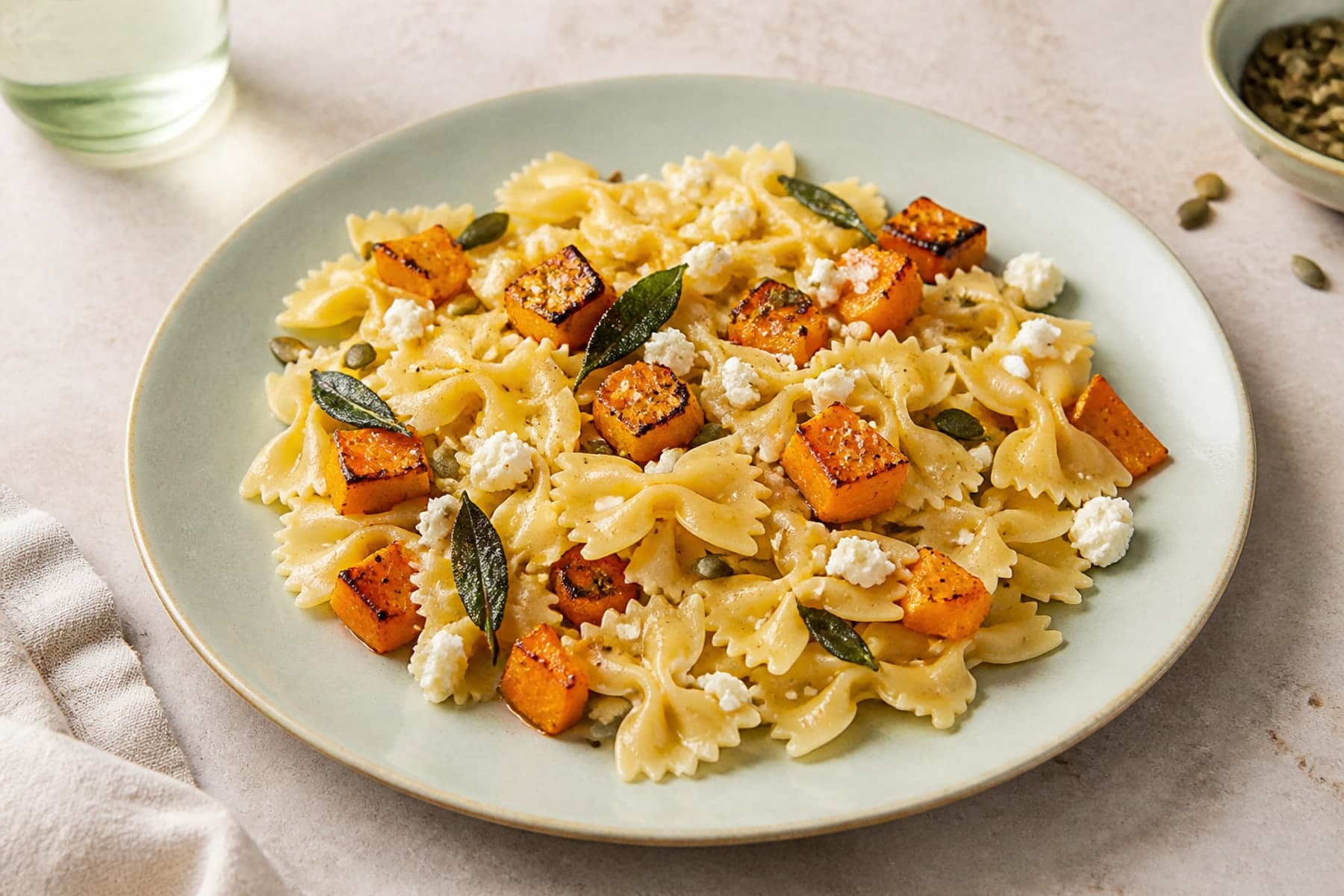 Roast butternut and feta farfalle with sage on a pale ceramic plate