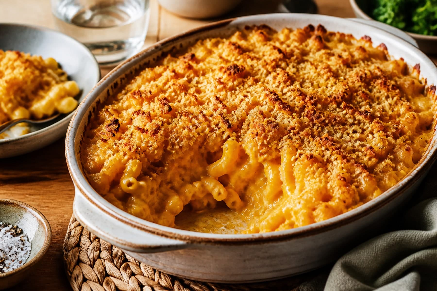 Golden butternut macaroni cheese with sage crumb in a shallow baking dish