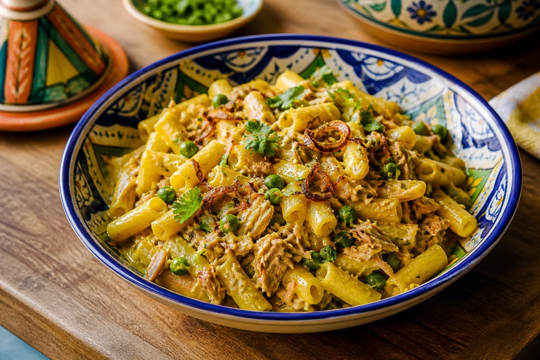Golden Cape Malay inspired curried tuna pasta with peas and coriander
