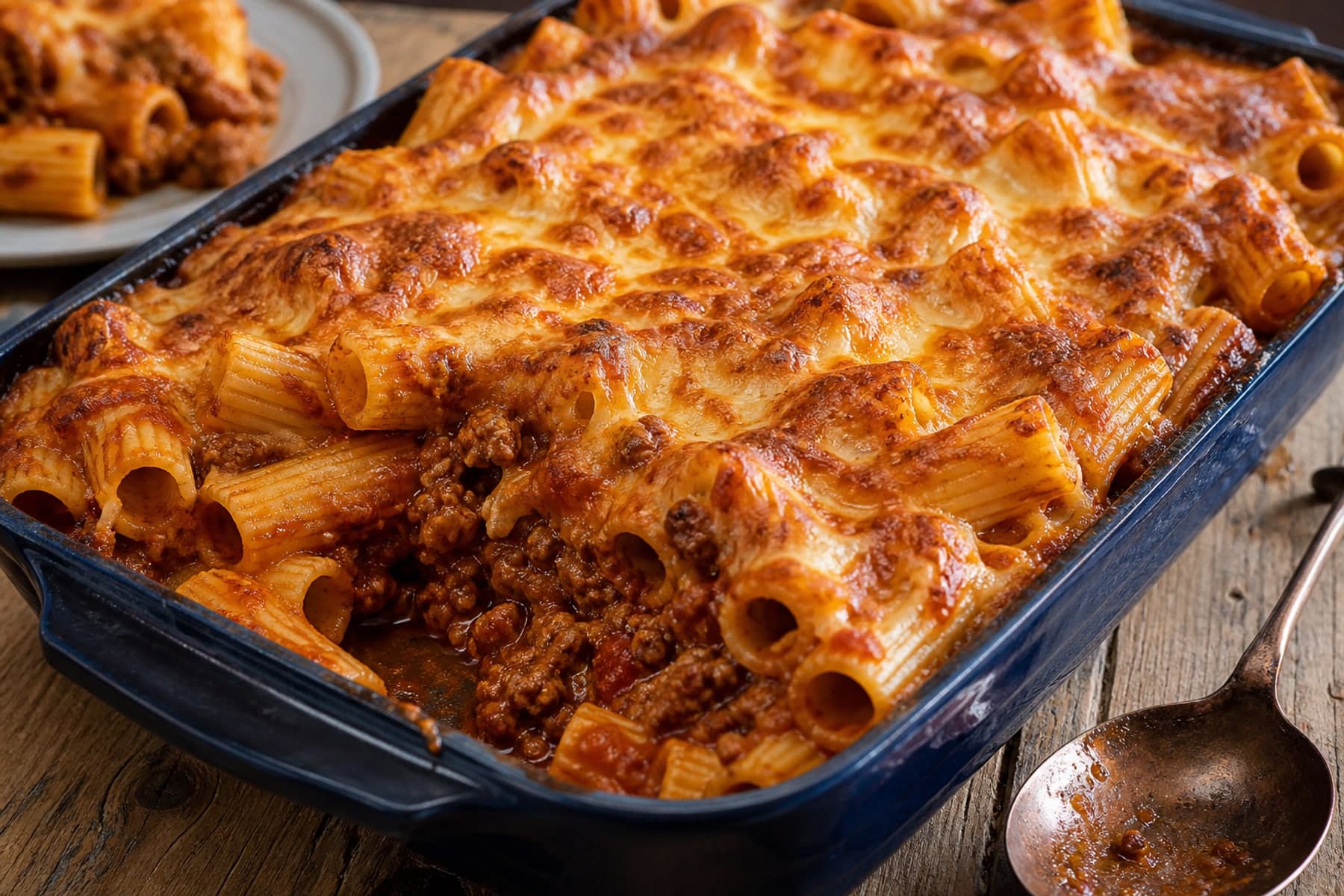 Cheesy beef mince rigatoni bake in a dark enamel dish