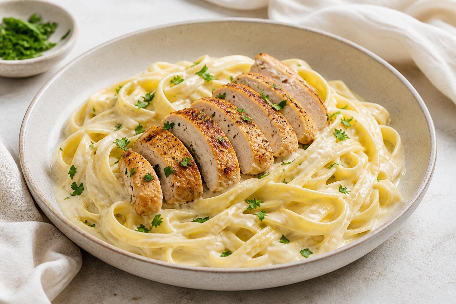 Fettuccine in Parmesan cream sauce topped with sliced golden chicken