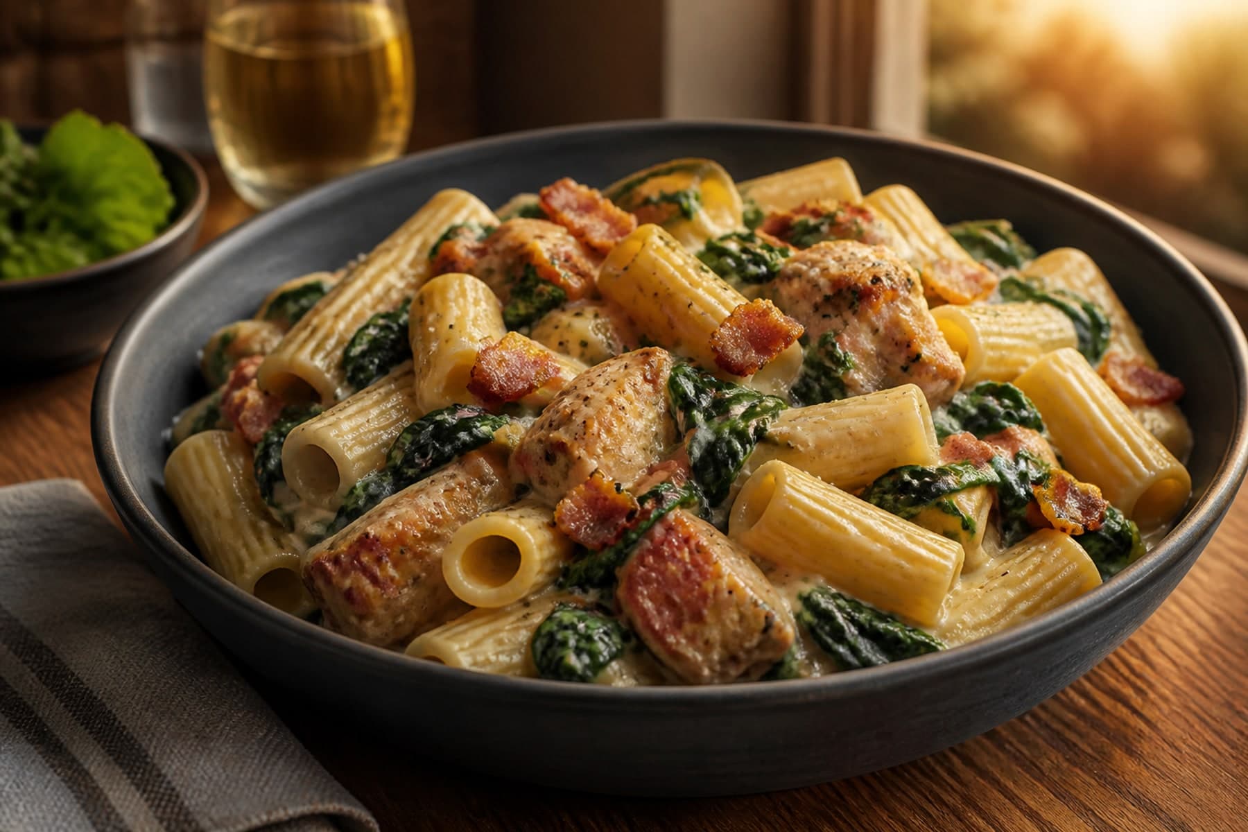 Chicken bacon and spinach penne in a light mustard cream sauce