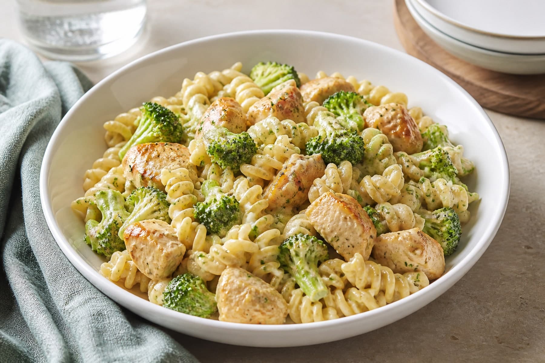 Chicken and broccoli penne in a light Parmesan sauce on an olive linen setting
