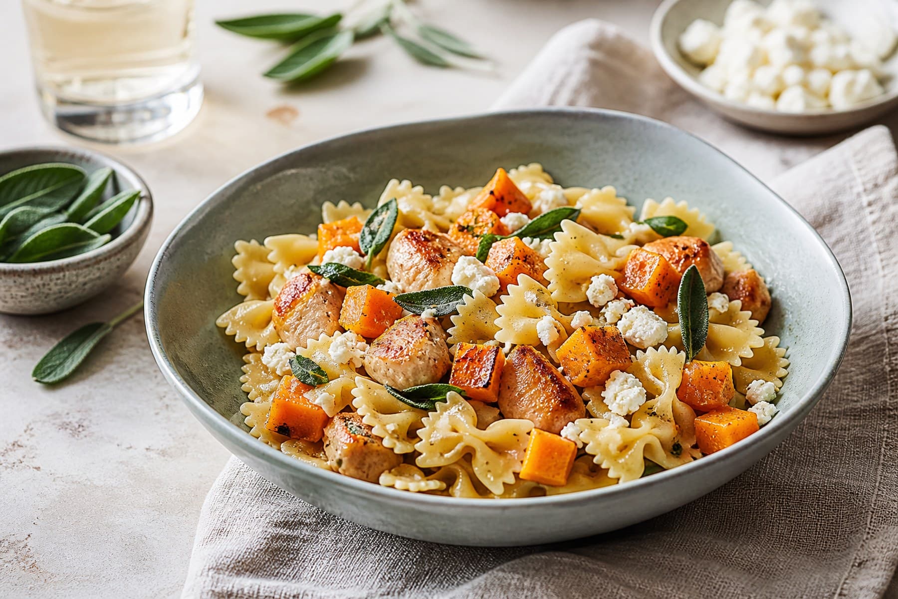 Farfalle with roast butternut golden chicken feta and crisp sage