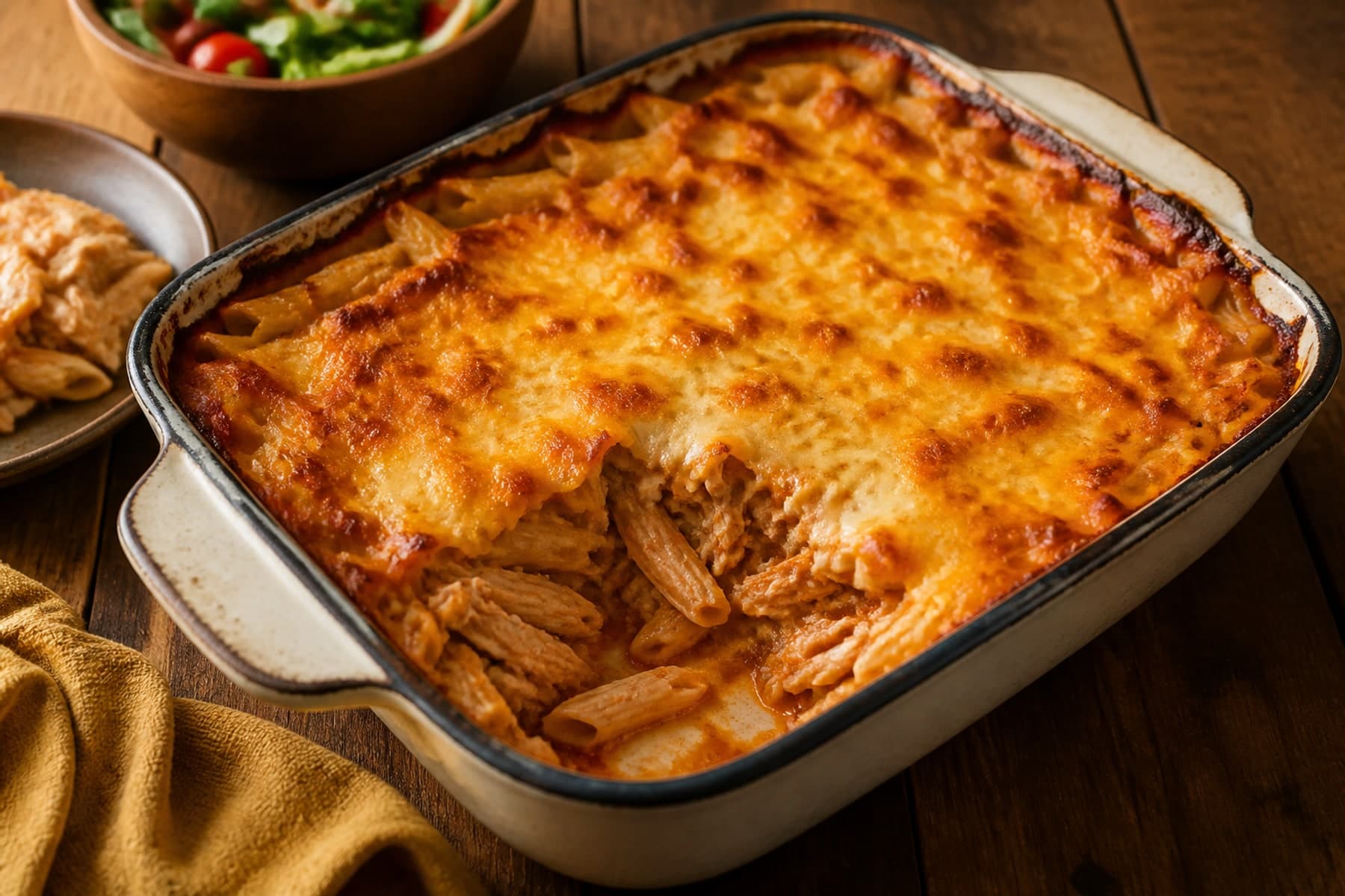 Golden chicken and spinach penne pasta bake in a cream ceramic oven dish