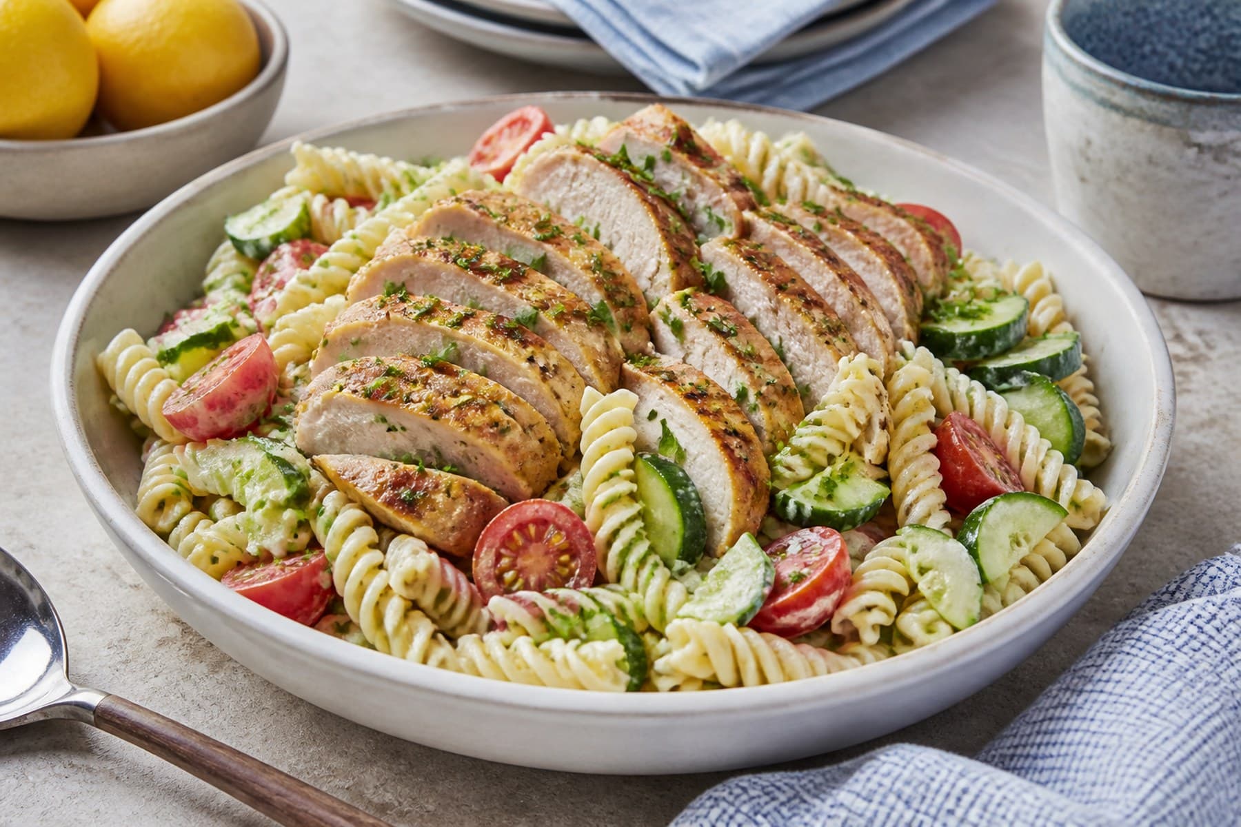 Cold fusilli salad with sliced chicken cucumber tomato herbs and lemon dressing