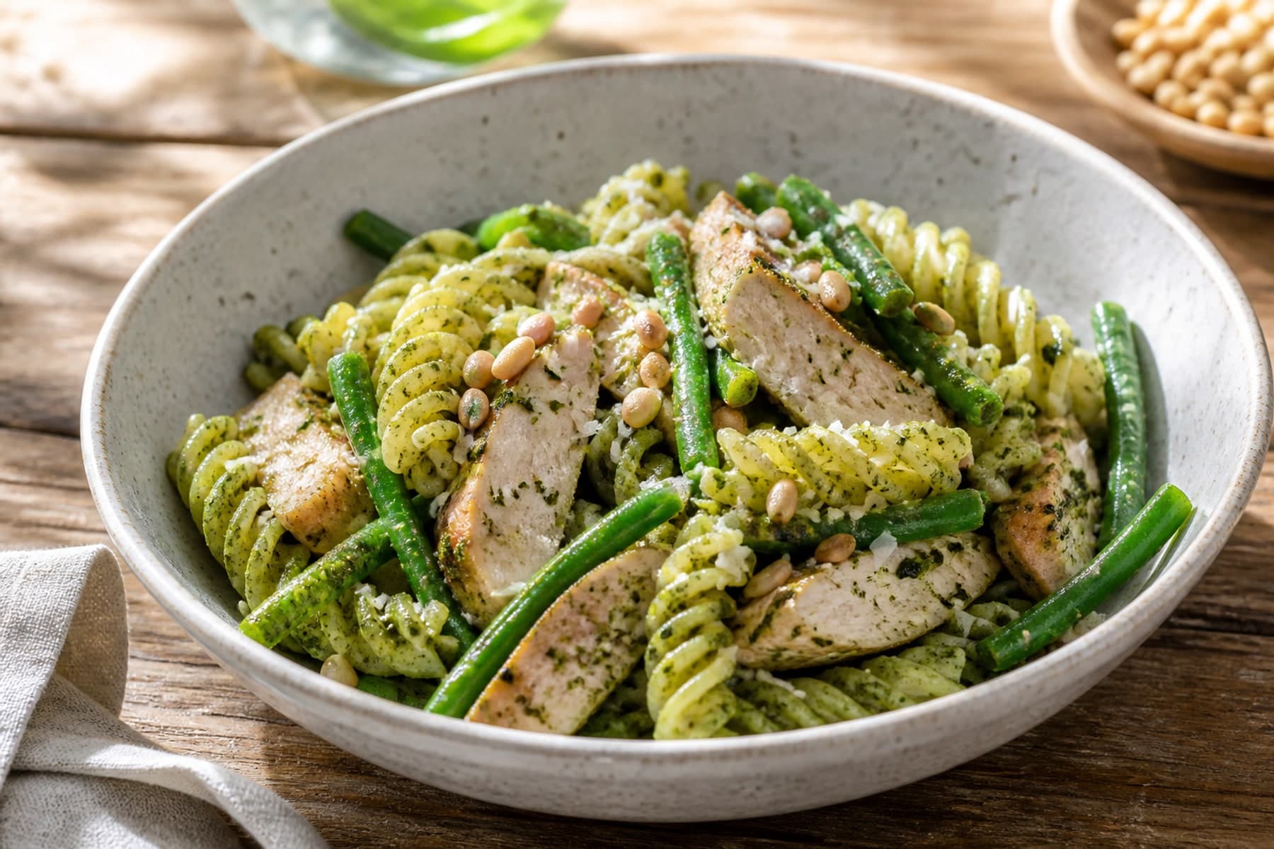 Chicken pesto fusilli with baby marrow and basil in a contemporary green ceramic bowl