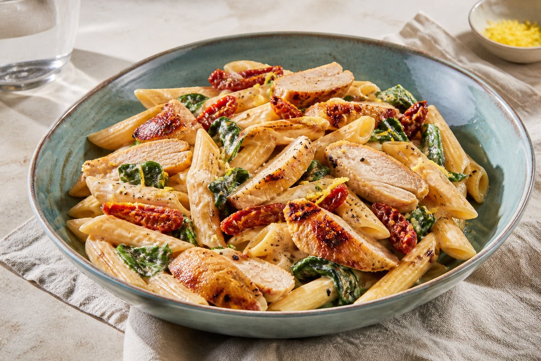 Penne with golden chicken sun-dried tomatoes spinach and light cream sauce