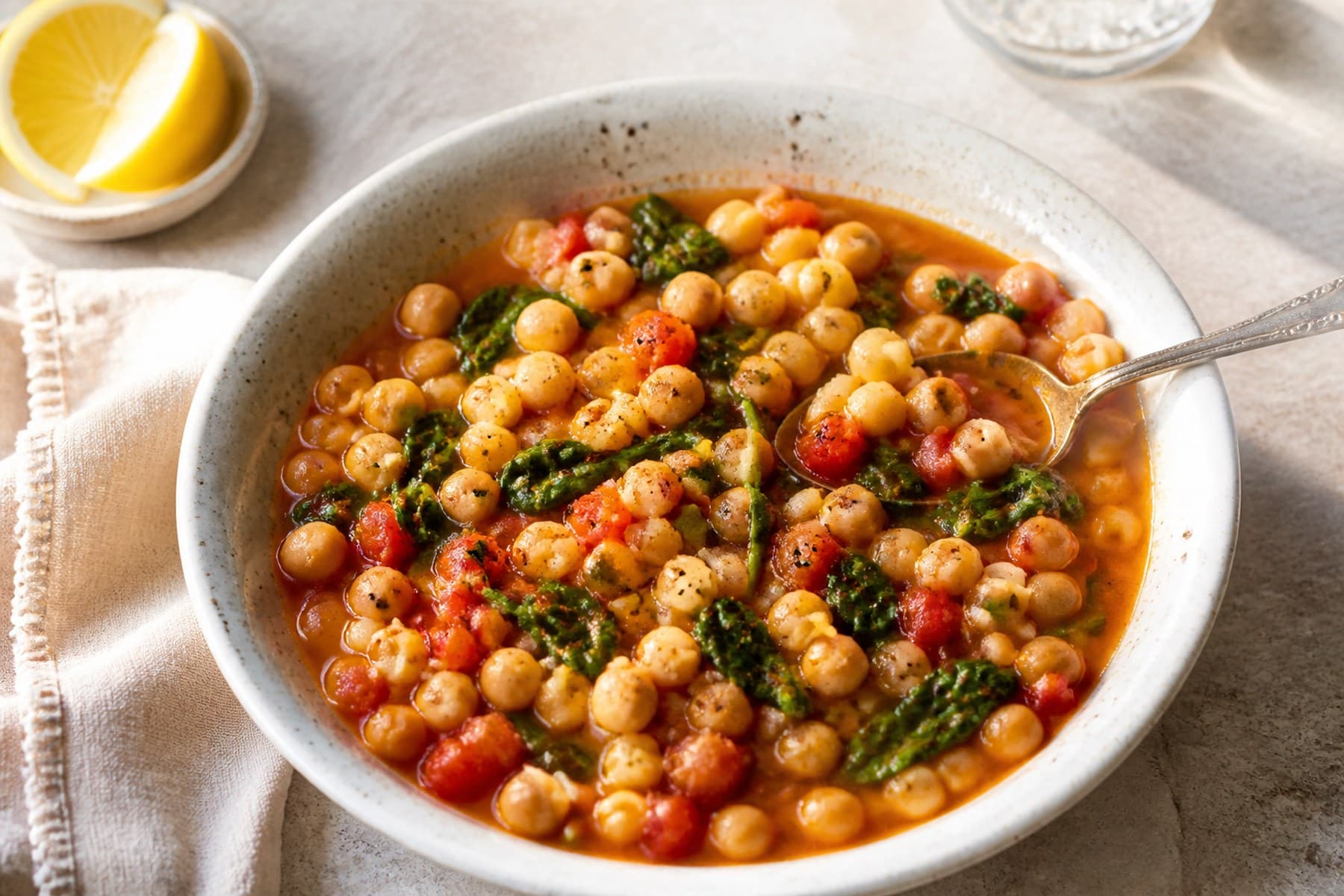 Small pasta with chickpeas spinach tomato and lemon in a shallow bowl