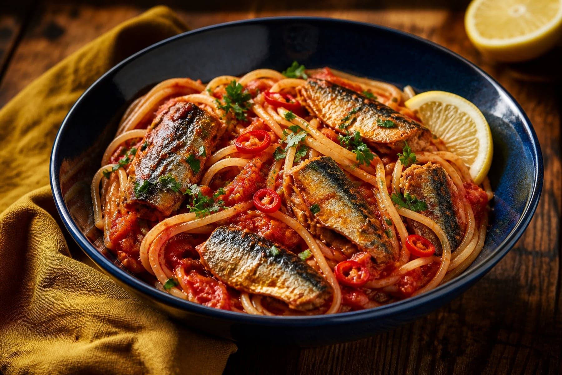 Spaghetti in chilli tomato sauce with pilchard fillet pieces lemon and parsley
