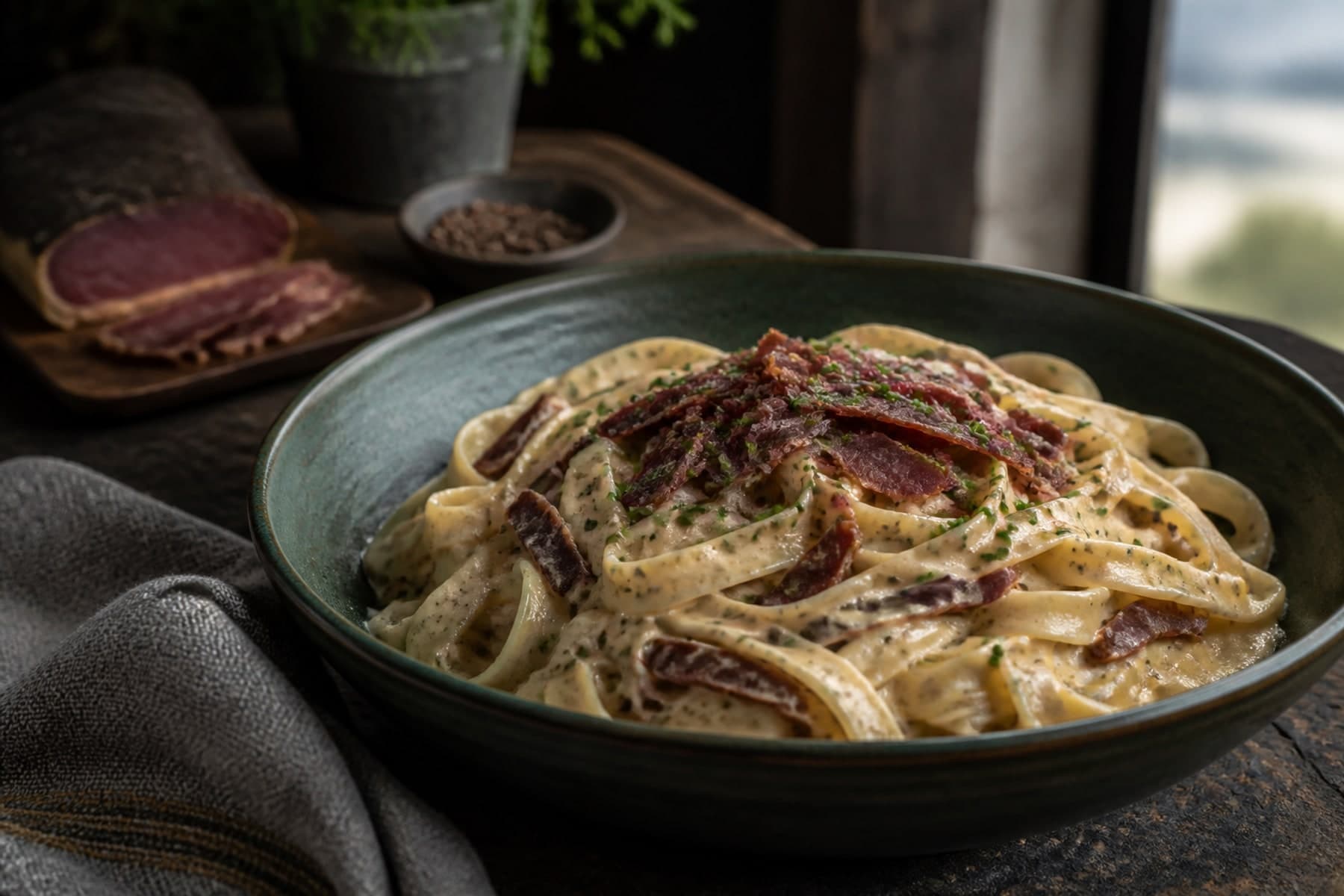 Creamy biltong and mushroom pasta with thin biltong slices in a dark stoneware bowl