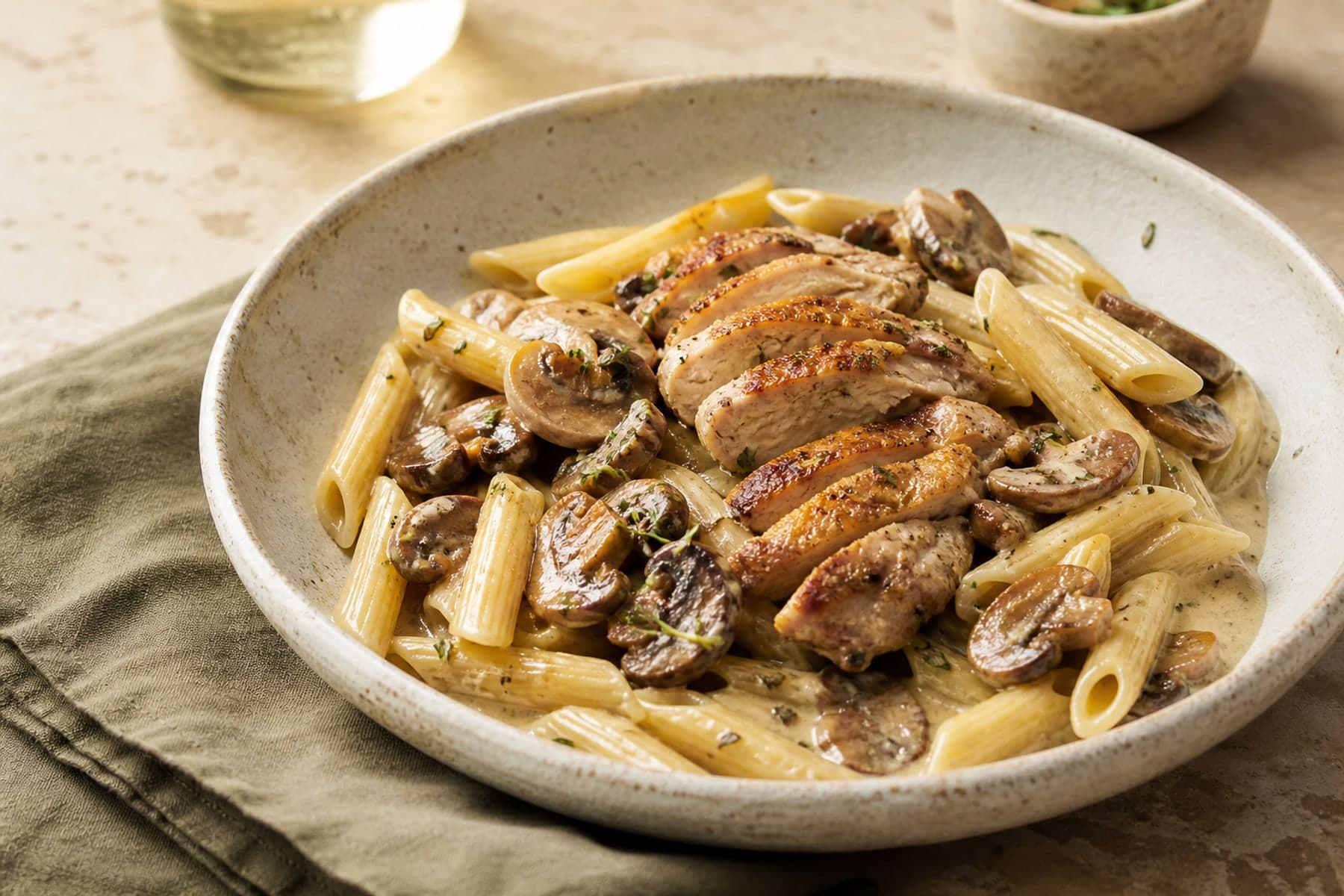 Creamy chicken and mushroom penne in a speckled ceramic bowl