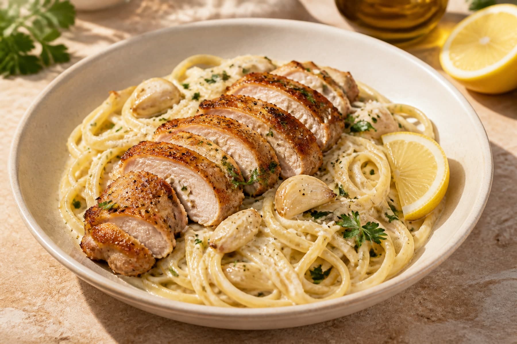 Creamy garlic chicken linguine with golden chicken and parsley on a travertine table