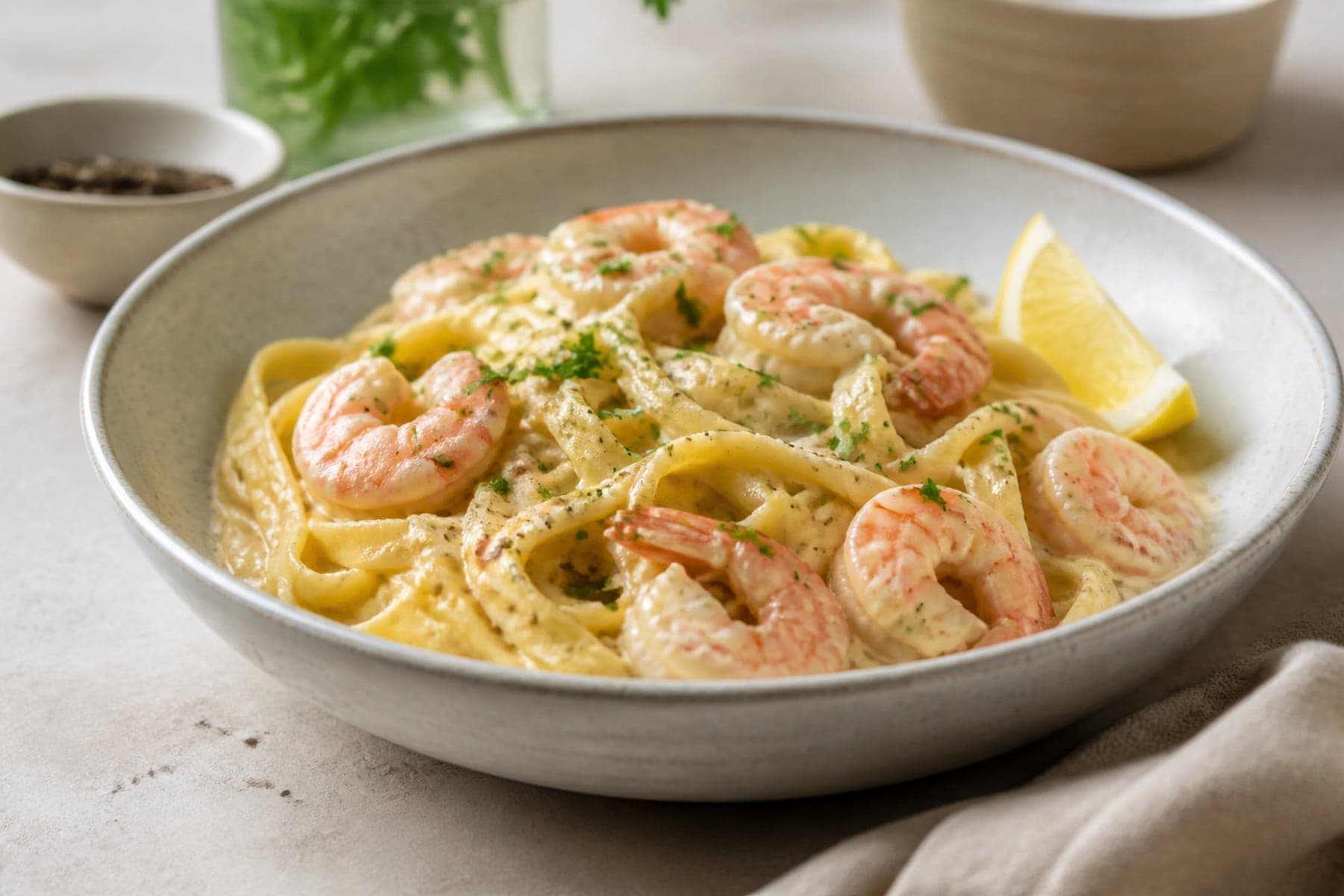 Fettuccine in creamy garlic sauce with pink prawns parsley and lemon