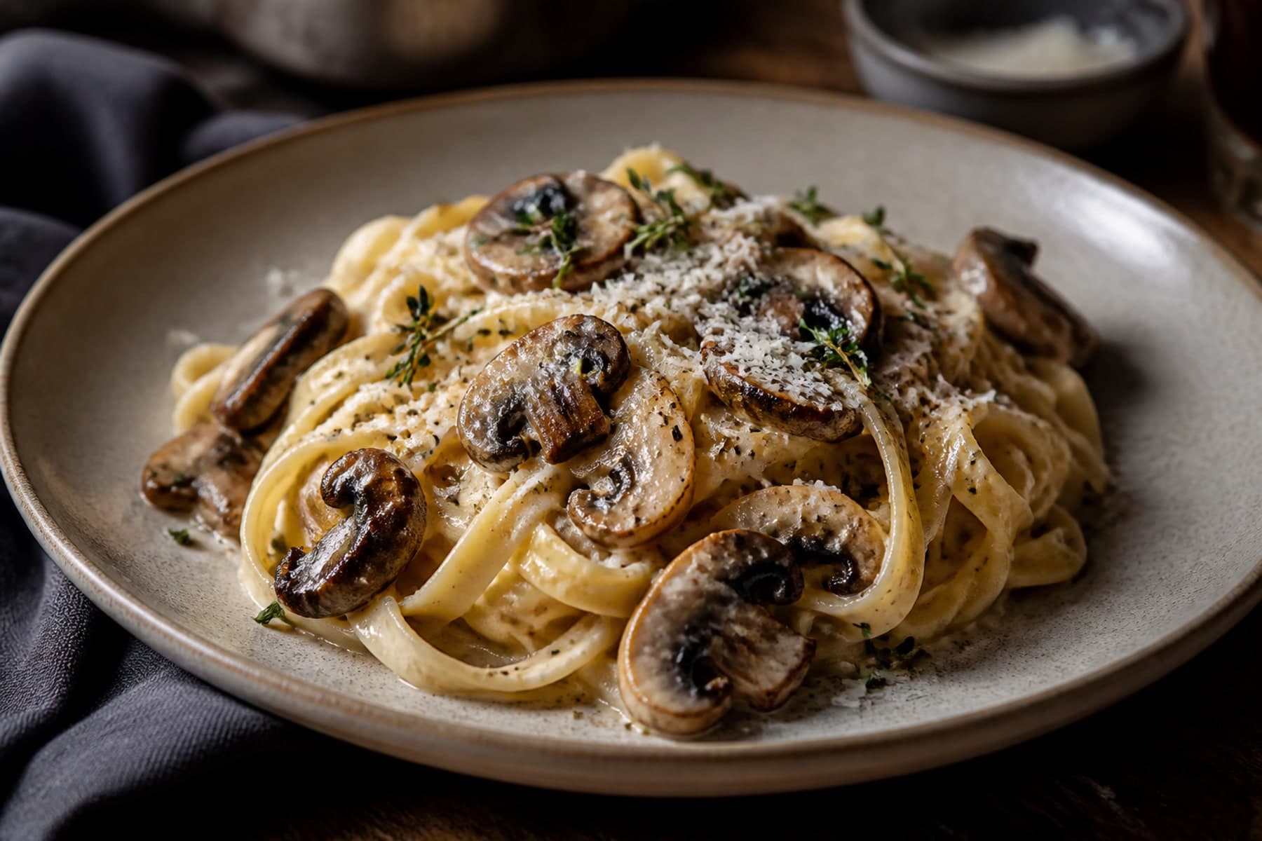 Creamy mushroom tagliatelle with browned mushrooms thyme and black pepper