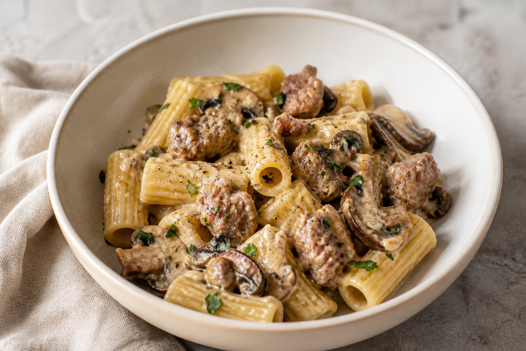 Rigatoni with browned sausage pieces mushrooms and mustard cream sauce