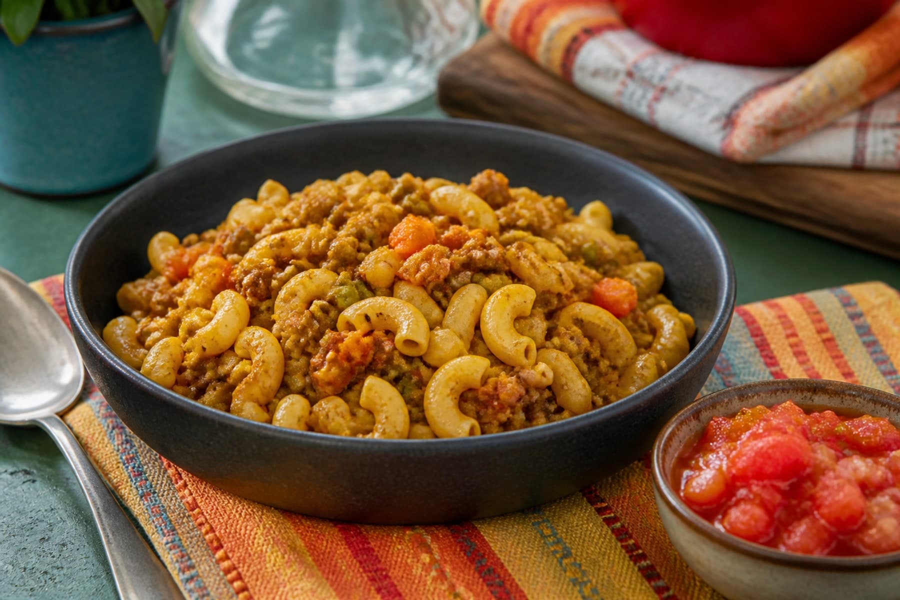 South African curried mince macaroni with peas in a warm terracotta bowl