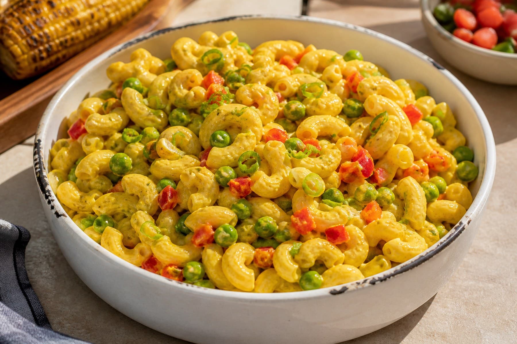 Golden curried macaroni salad with peppers peas and spring onion
