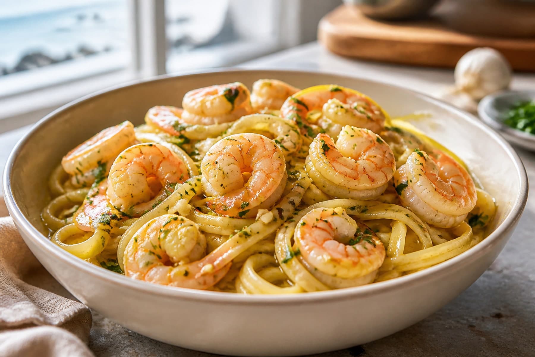Garlic butter prawn linguine with lemon parsley and visible pink prawns