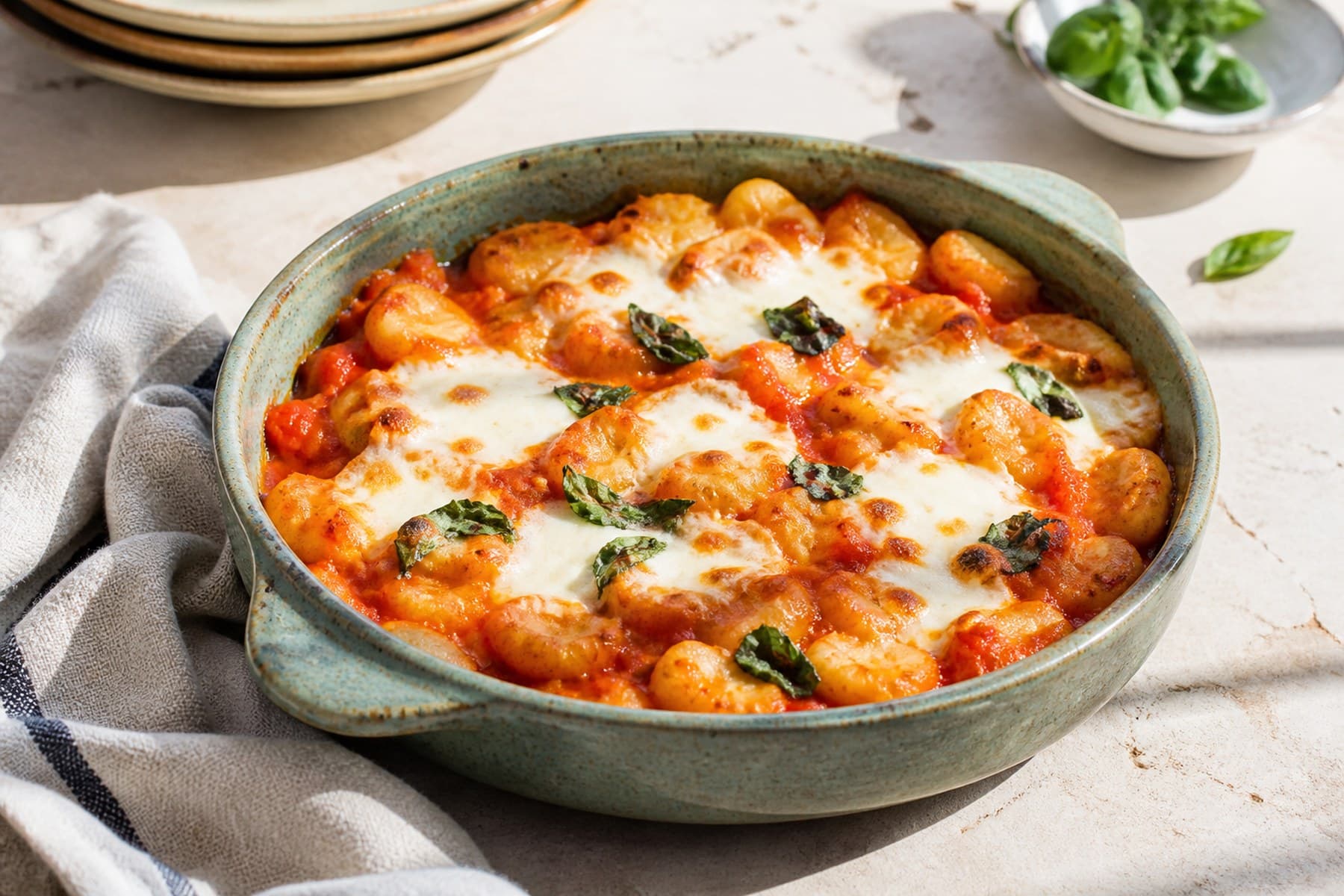 Gnocchi alla Sorrentina with tomato basil and bubbling mozzarella in terracotta