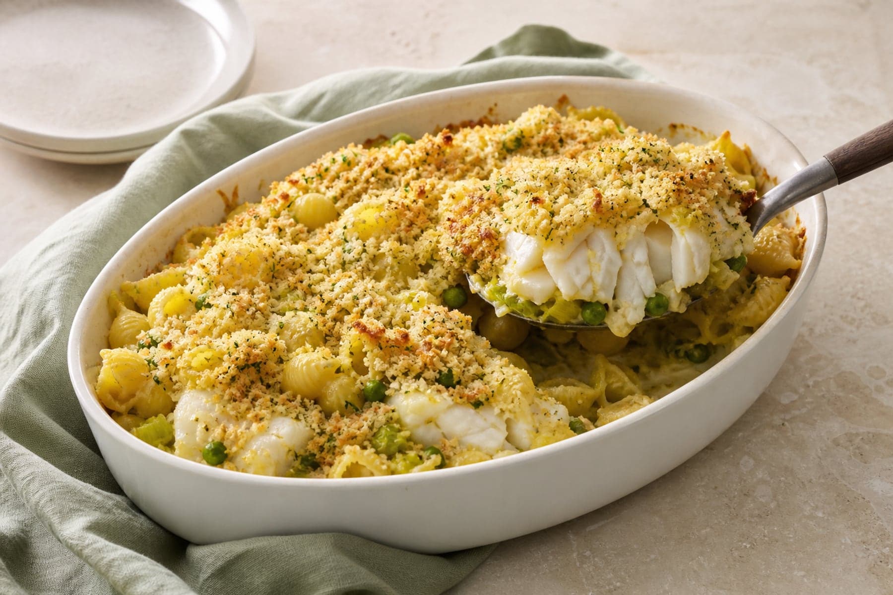 Shell pasta bake with flaky white hake peas leeks and golden herb breadcrumbs
