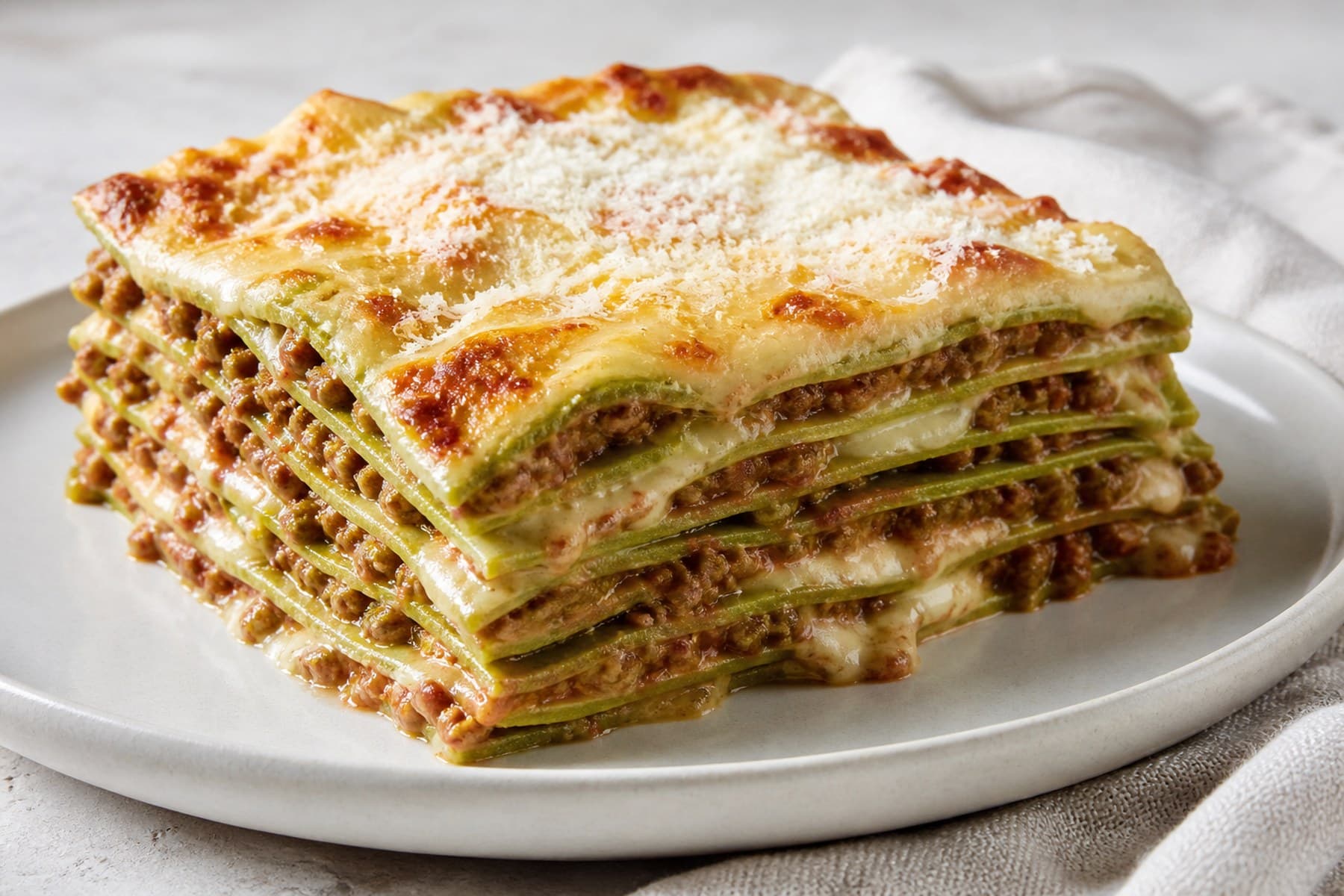 Neat slice of green lasagne alla Bolognese with fine ragù and béchamel layers