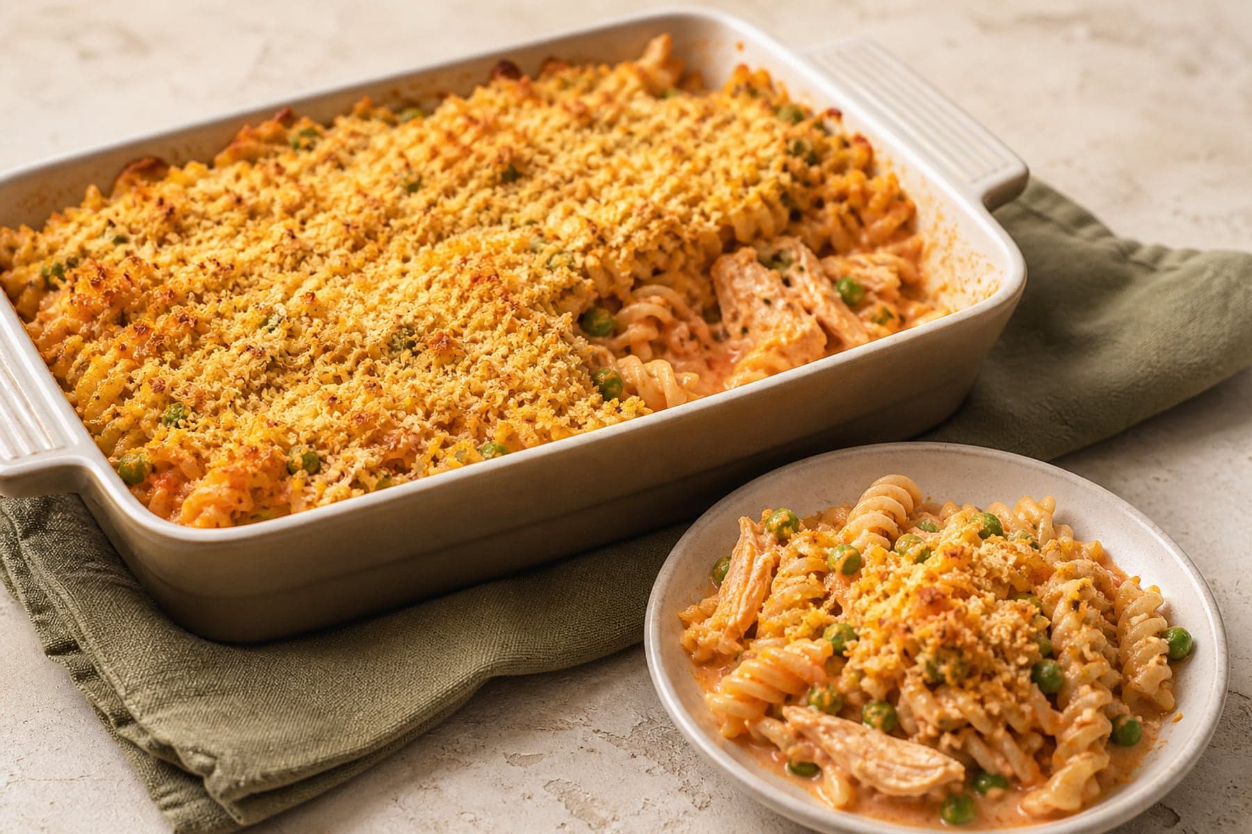Golden fusilli pasta bake with shredded roast chicken peas and Cheddar crumb