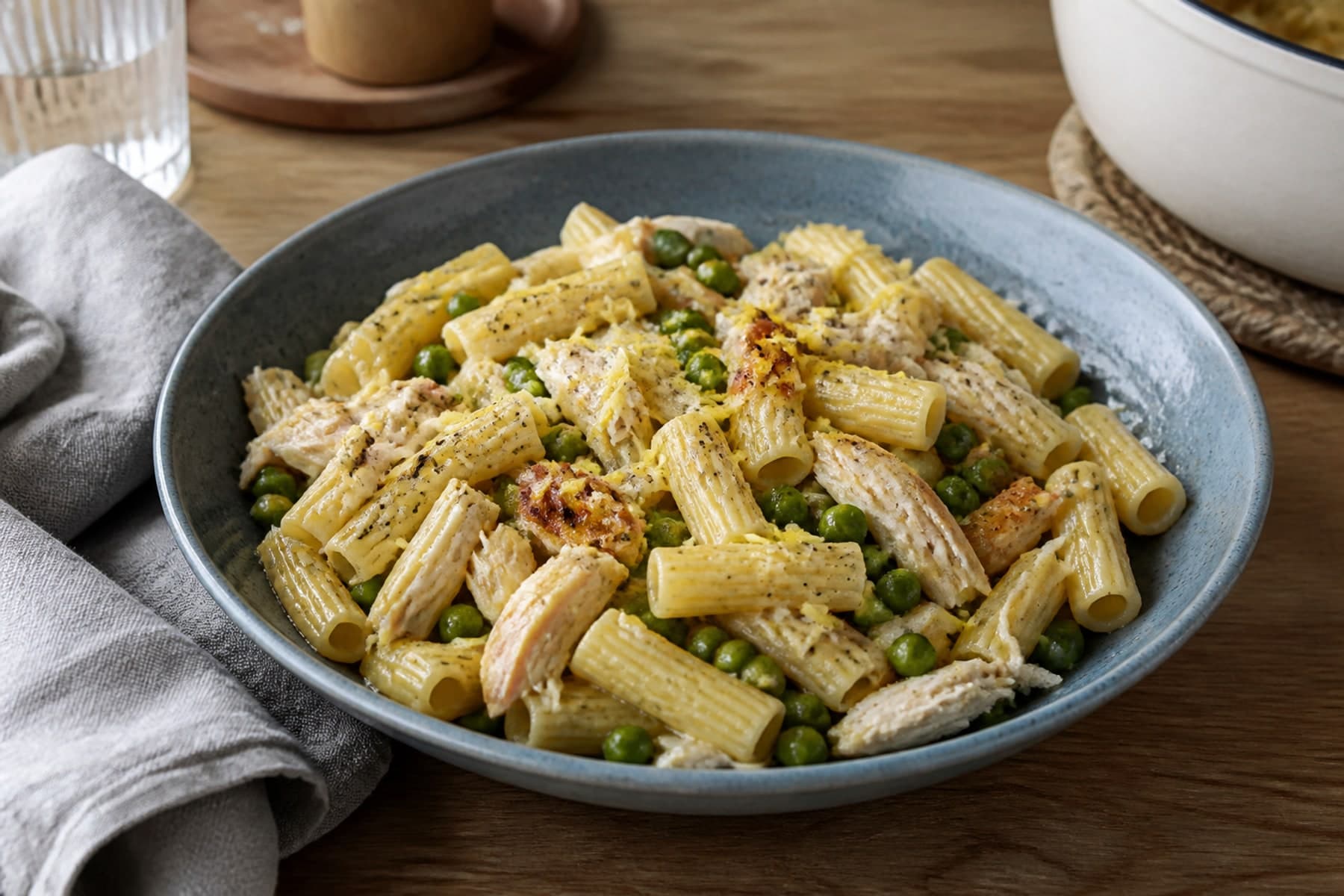 Leftover chicken farfalle with peas lemon and herbs in a speckled stoneware bowl