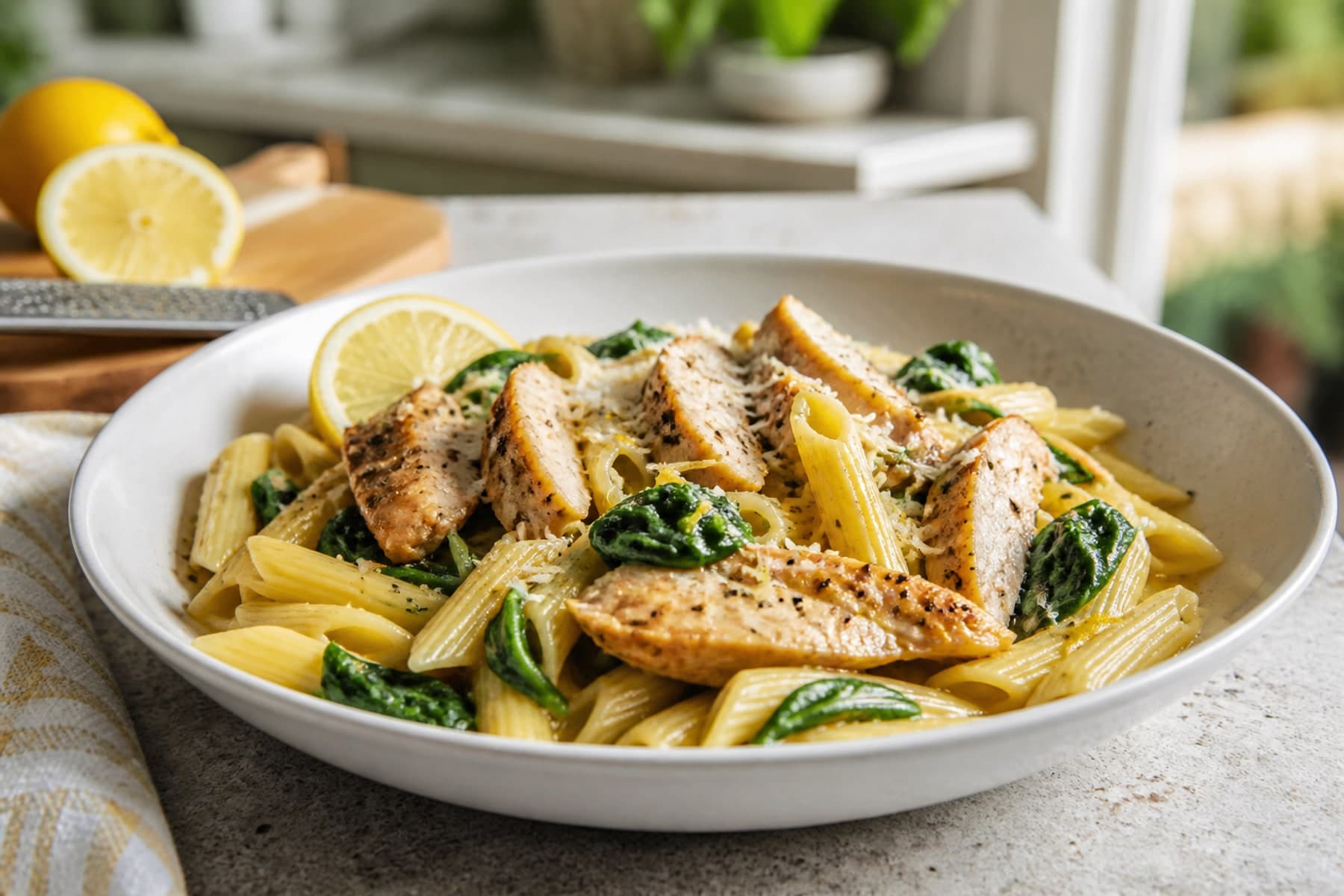 Lemon chicken linguine with golden chicken strips Parmesan and parsley