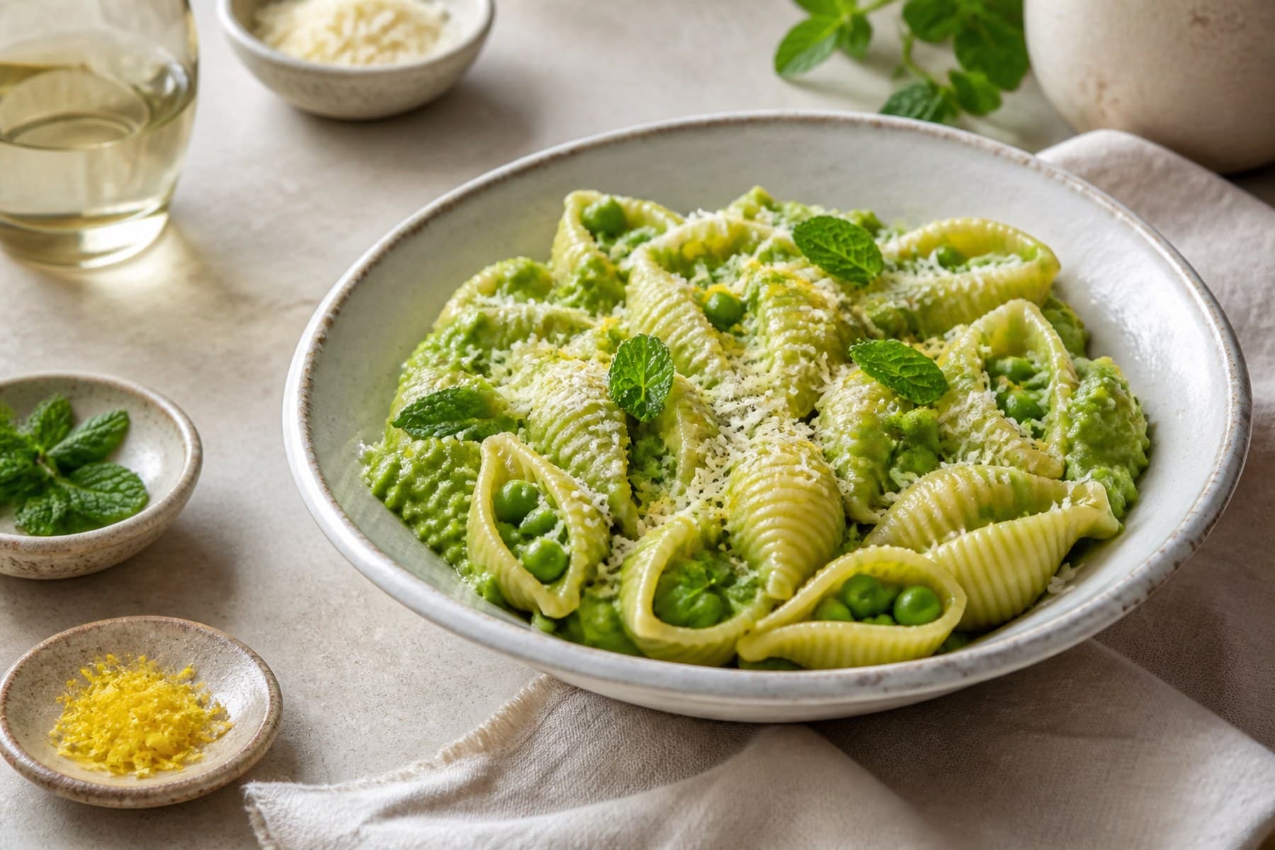 Shell pasta with bright peas lemon mint and finely grated Parmesan