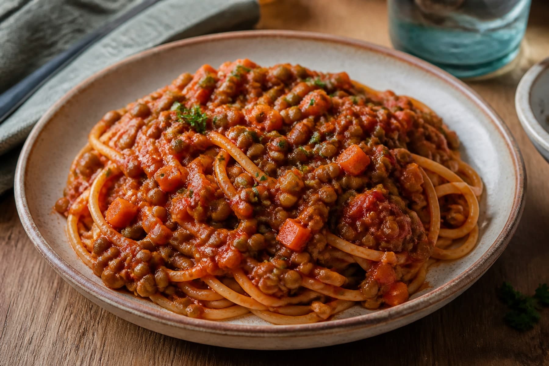 Lentil and mushroom bolognese over tagliatelle on a sun washed stone table