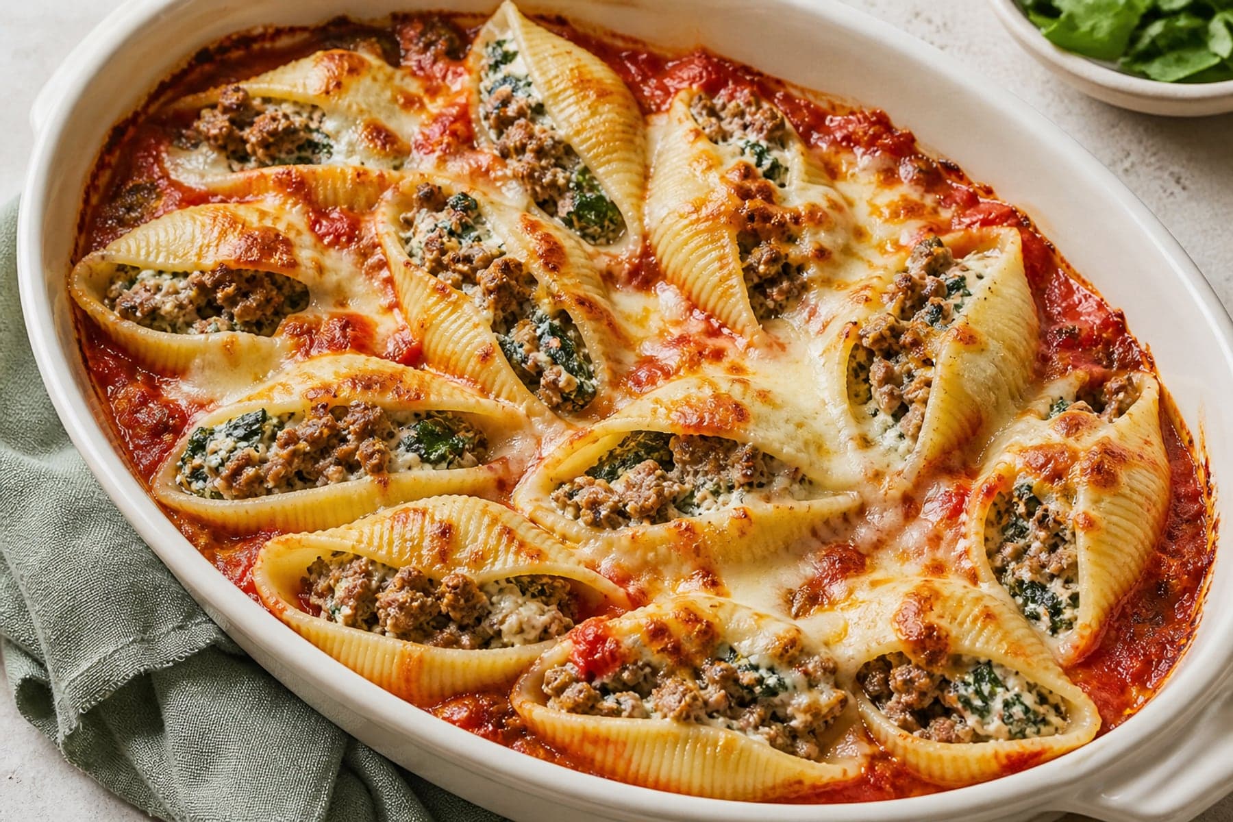 Large pasta shells filled with beef mince ricotta and spinach in tomato sauce