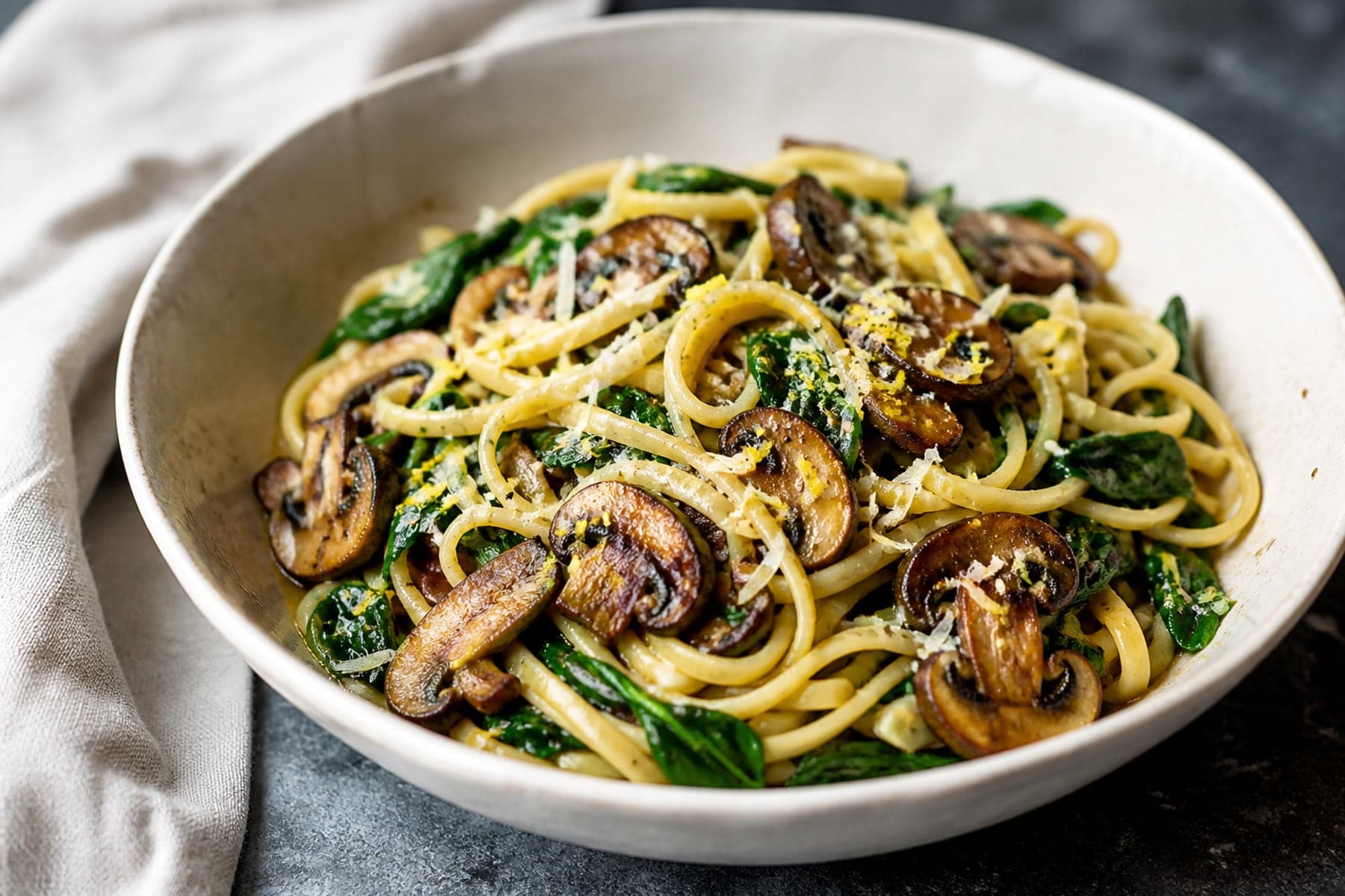 Linguine with browned mushrooms wilted spinach garlic and lemon