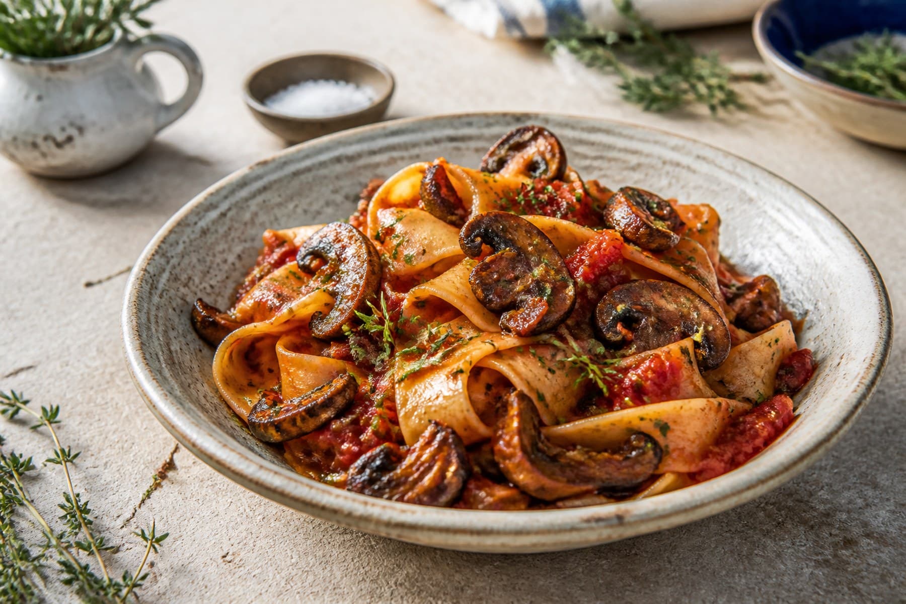 Pappardelle with browned mushrooms rich tomato sauce thyme and parsley