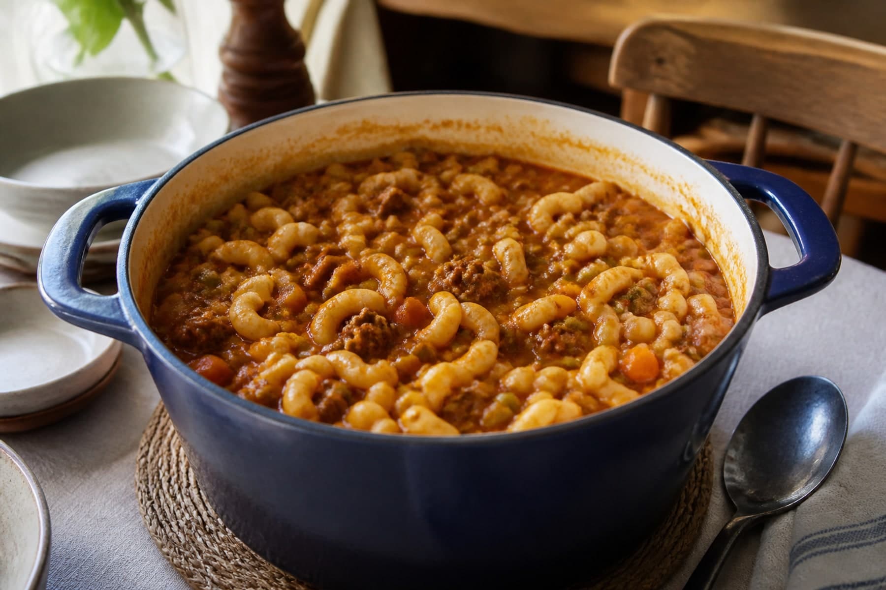One pot beef mince macaroni with tomato and Cheddar in a deep enamel pan