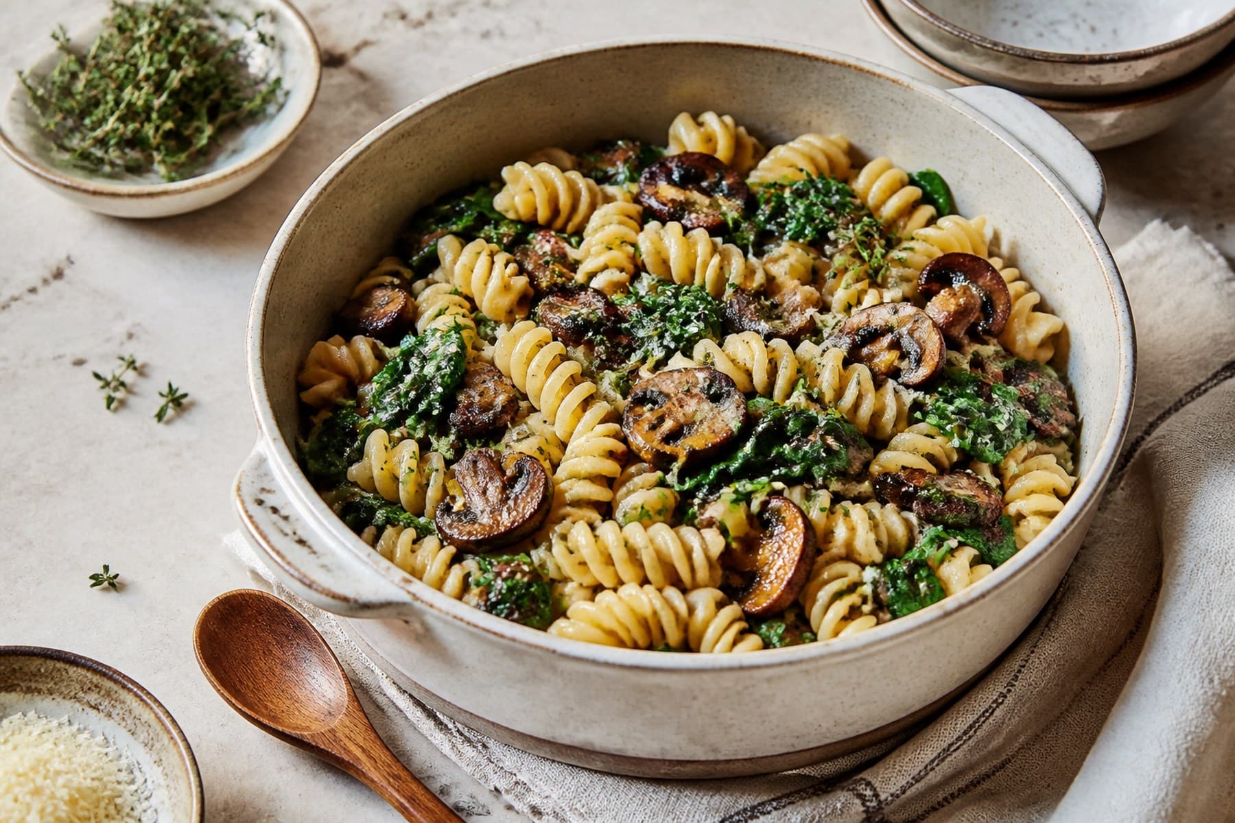 One-pot fusilli with browned mushrooms spinach thyme and Parmesan