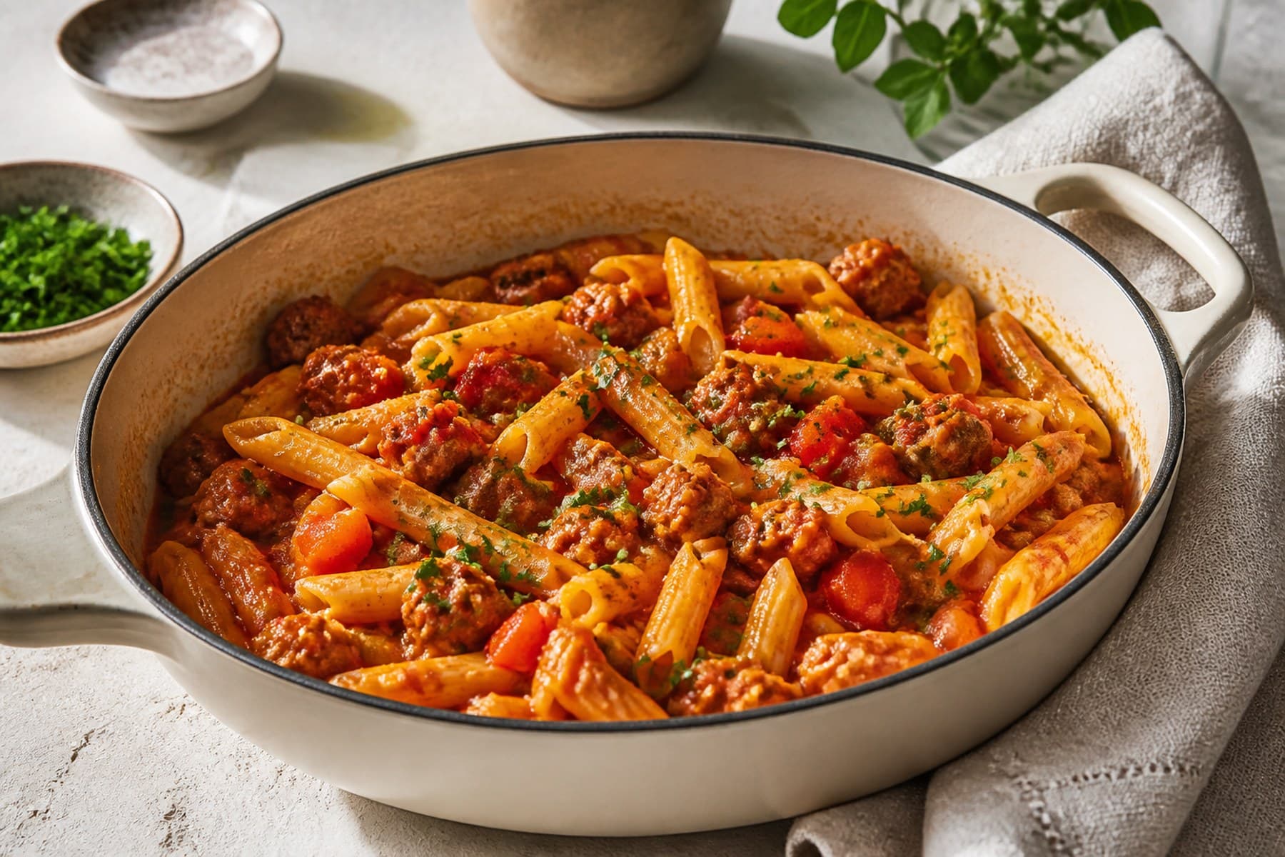 One-pot penne with browned sausage tomato red peppers and parsley