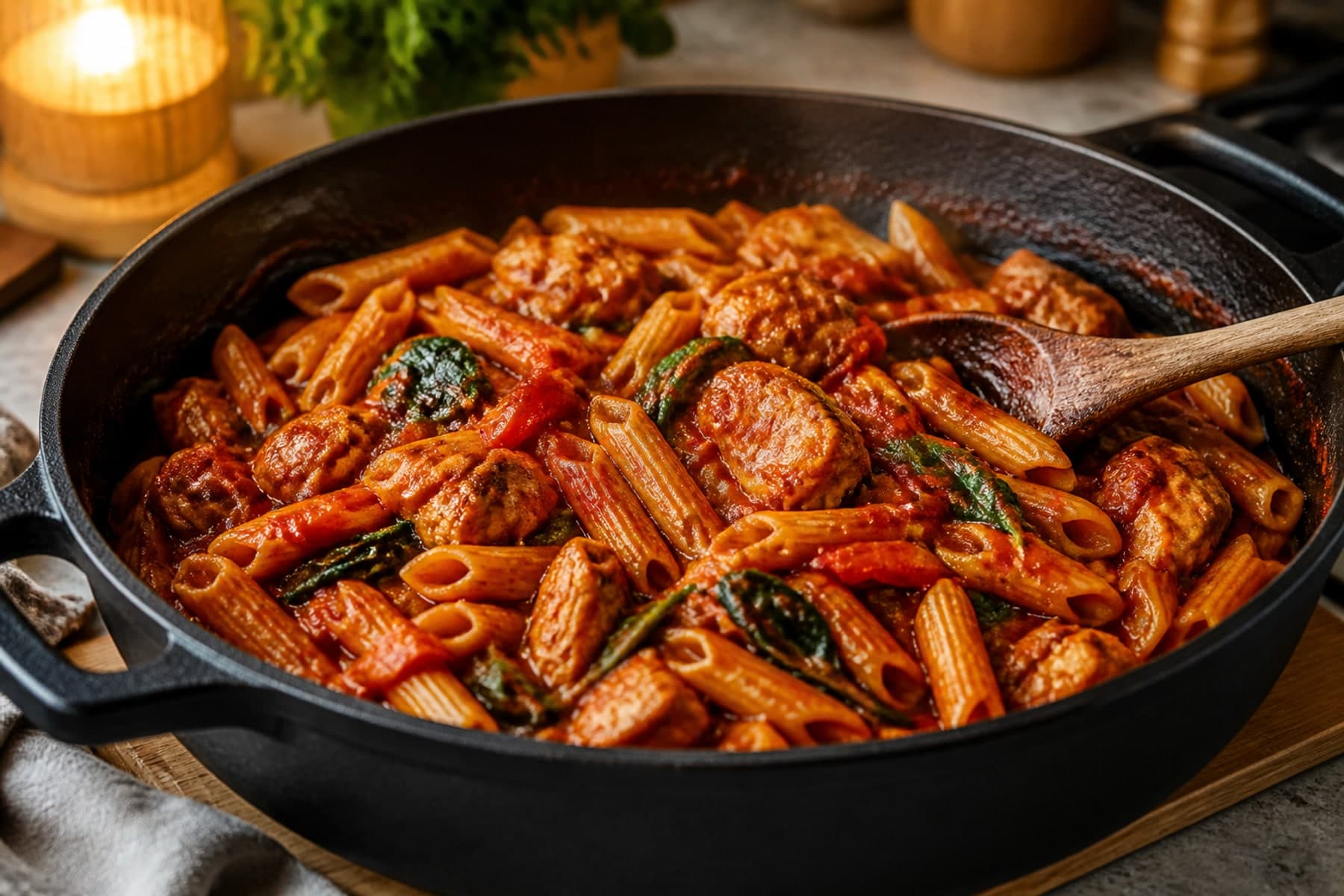 One pot tomato chicken rigatoni with peppers and oregano in a wide olive green pan