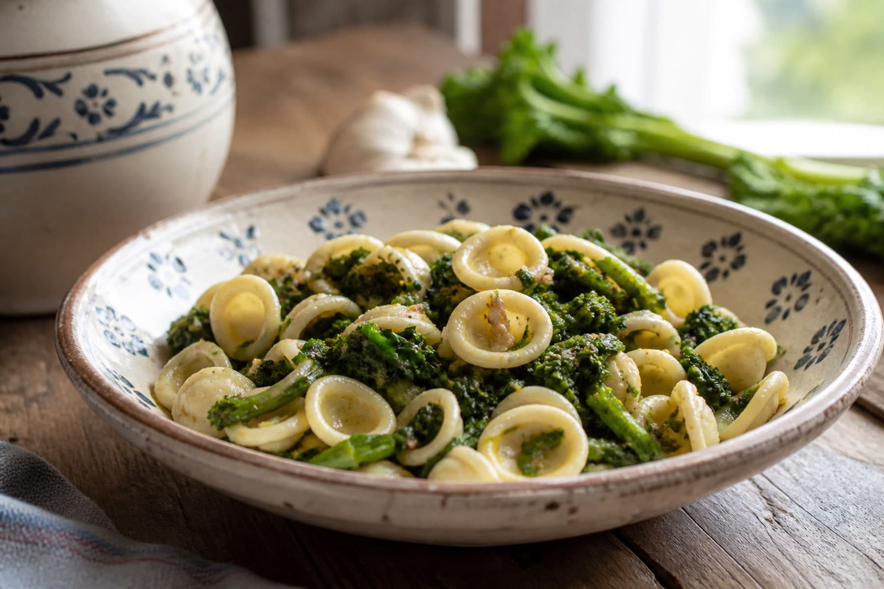 Orecchiette with broccoli rabe anchovy crumbs and chilli in an ivory bowl