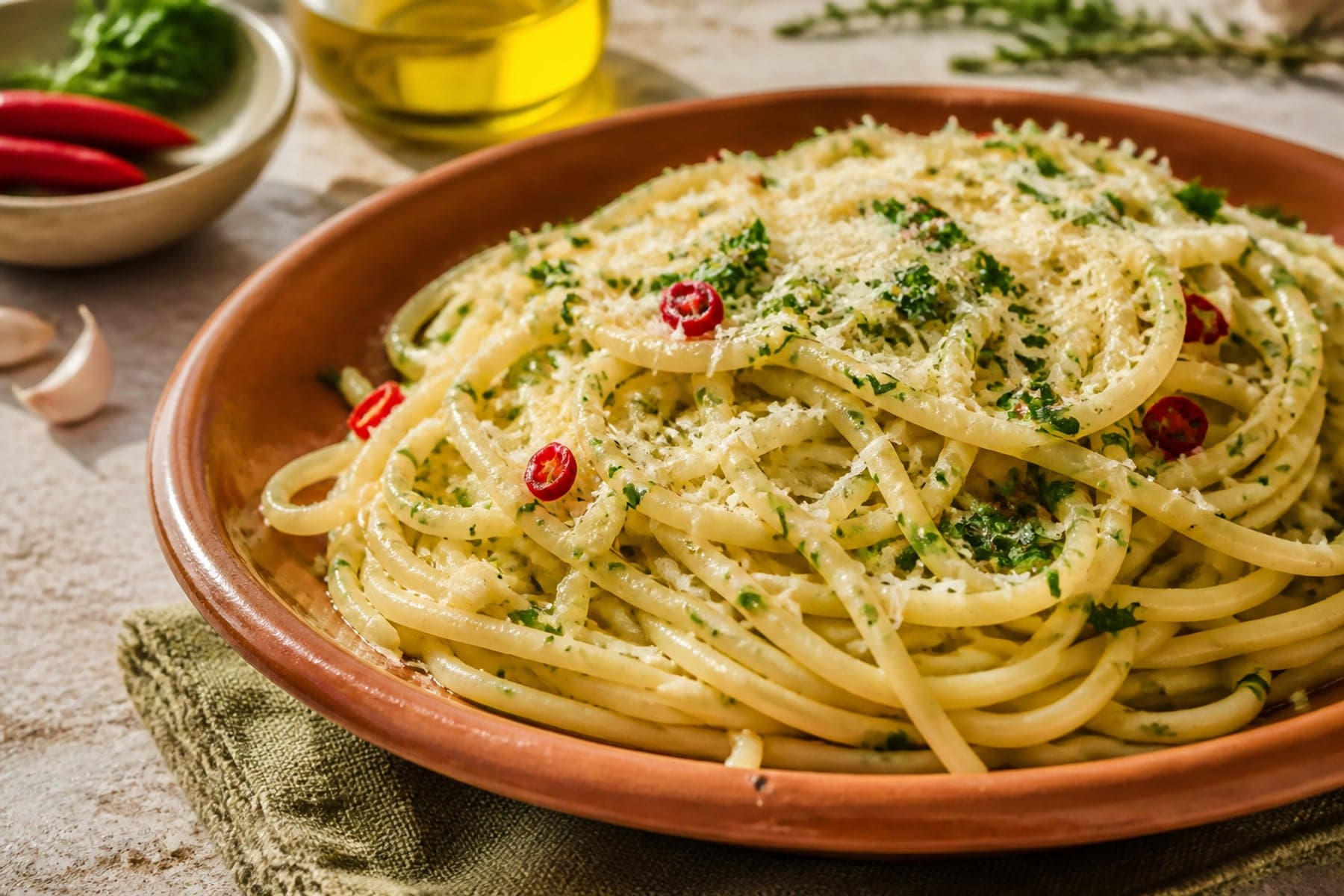 Sicilian pasta alla carrettiera with spaghetti garlic parsley chilli and Pecorino